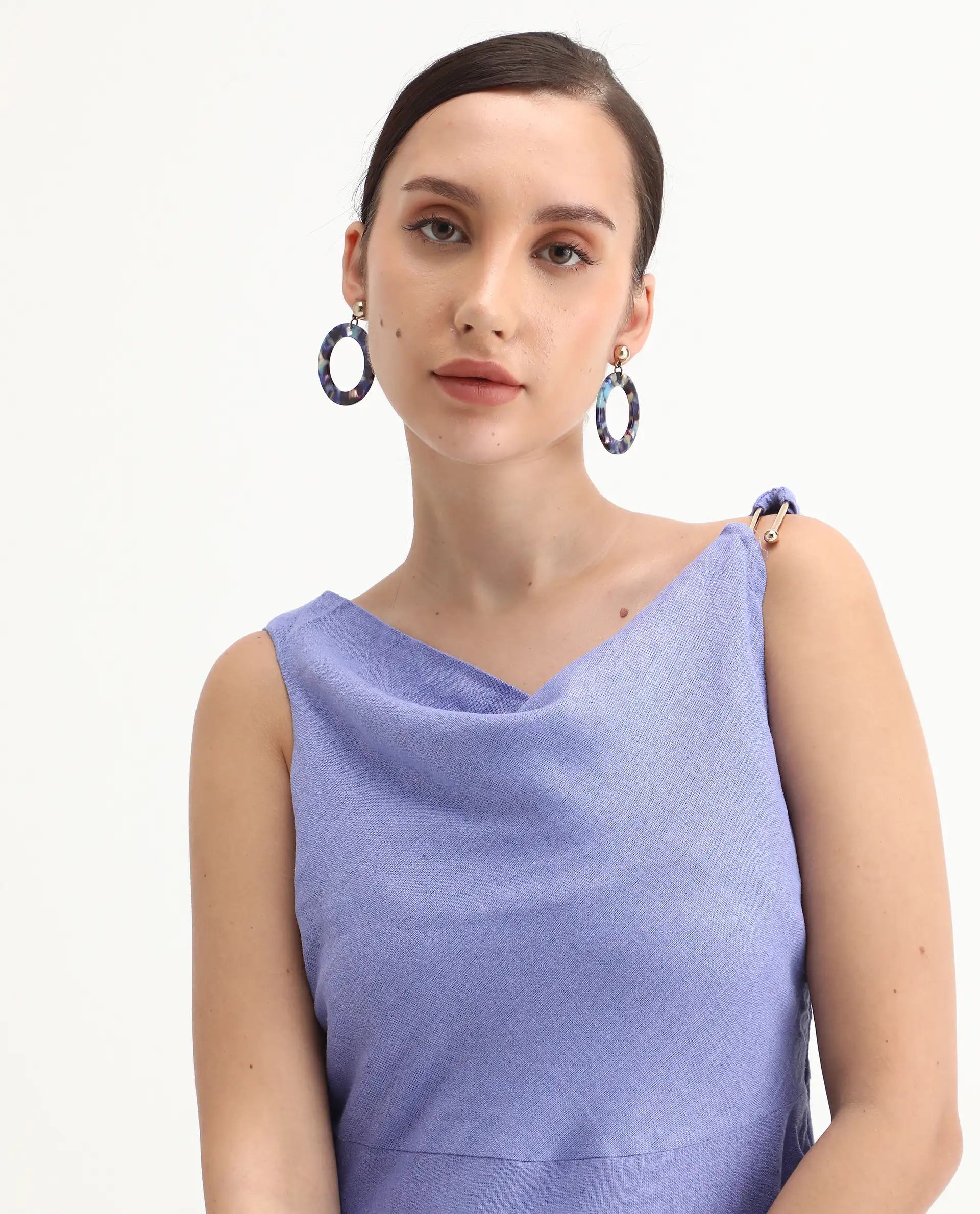 Rareism Women's Eswati Lilac Linen Cowl Neck Plain Sleeveless Knee Length Flared Dress - Image 3