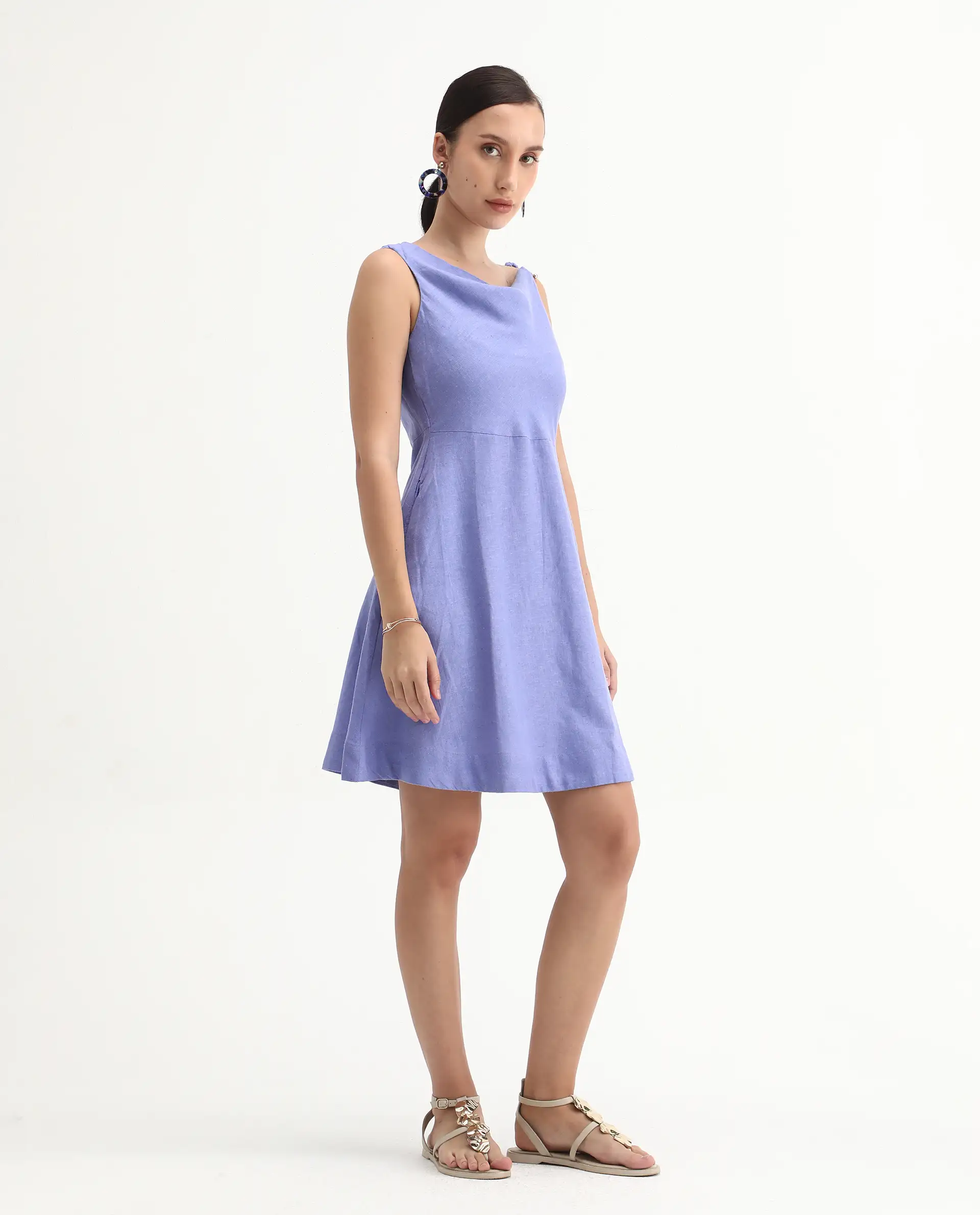 Rareism Women's Eswati Lilac Linen Cowl Neck Plain Sleeveless Knee Length Flared Dress - Image 7