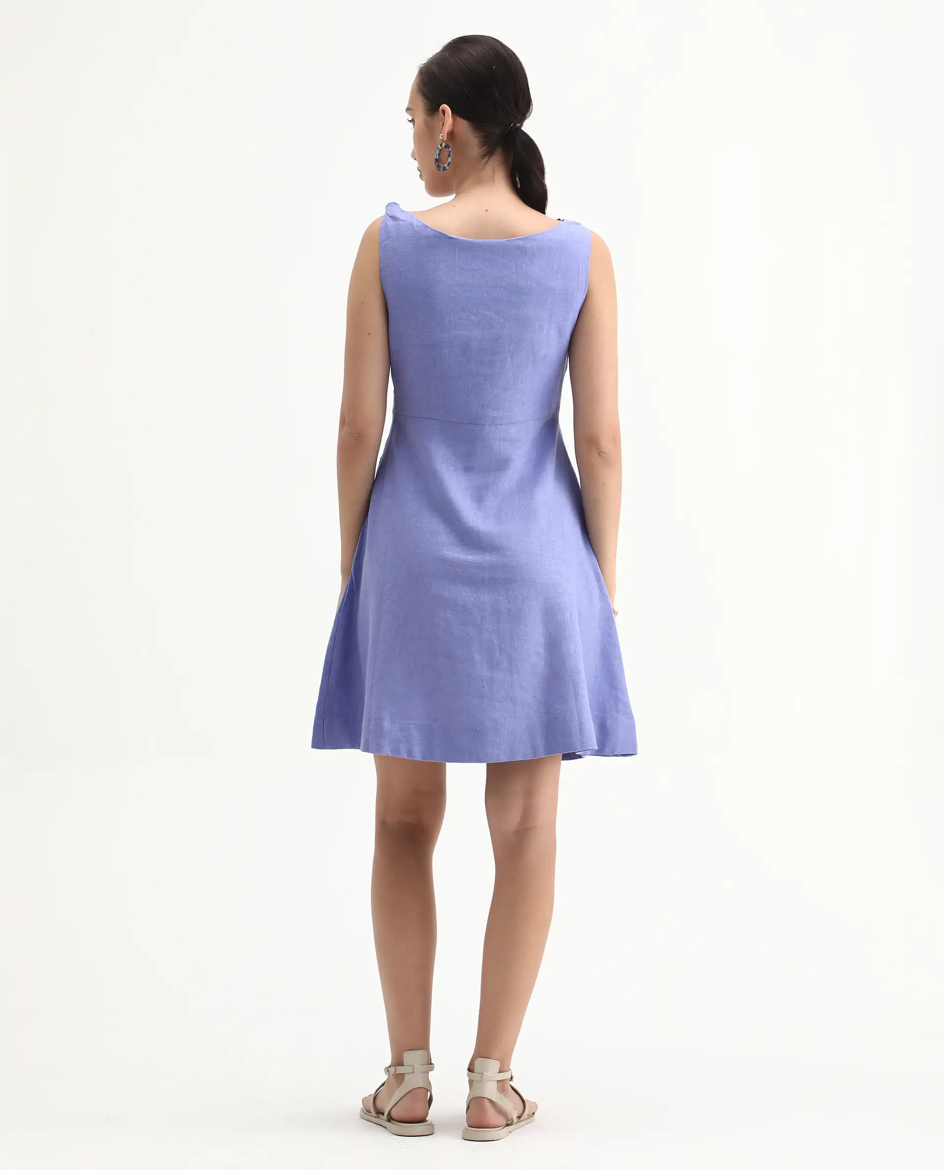 Rareism Women's Eswati Lilac Linen Cowl Neck Plain Sleeveless Knee Length Flared Dress - Image 9