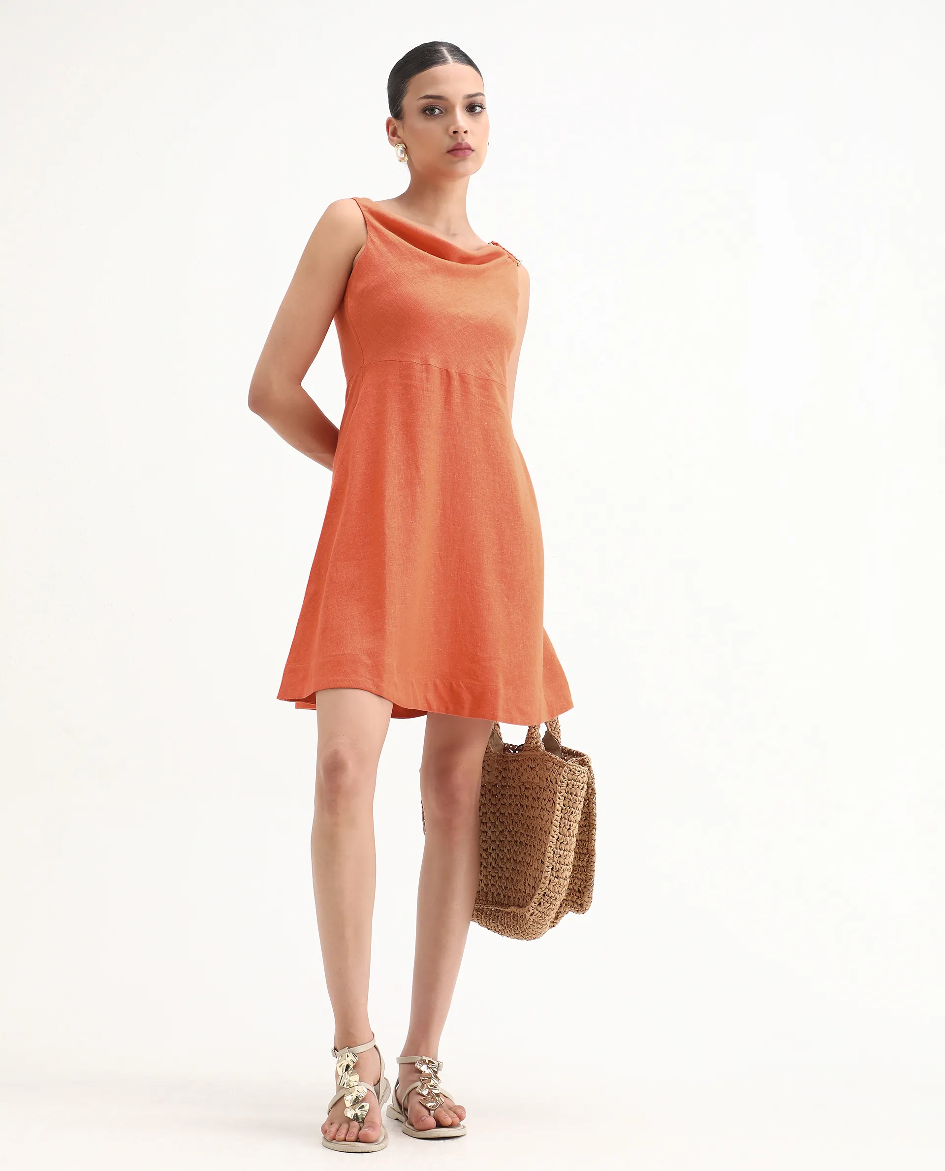 Rareism Women's Eswati Orange Linen Cowl Neck Plain Sleeveless Knee Length Flared Dress - Image 2