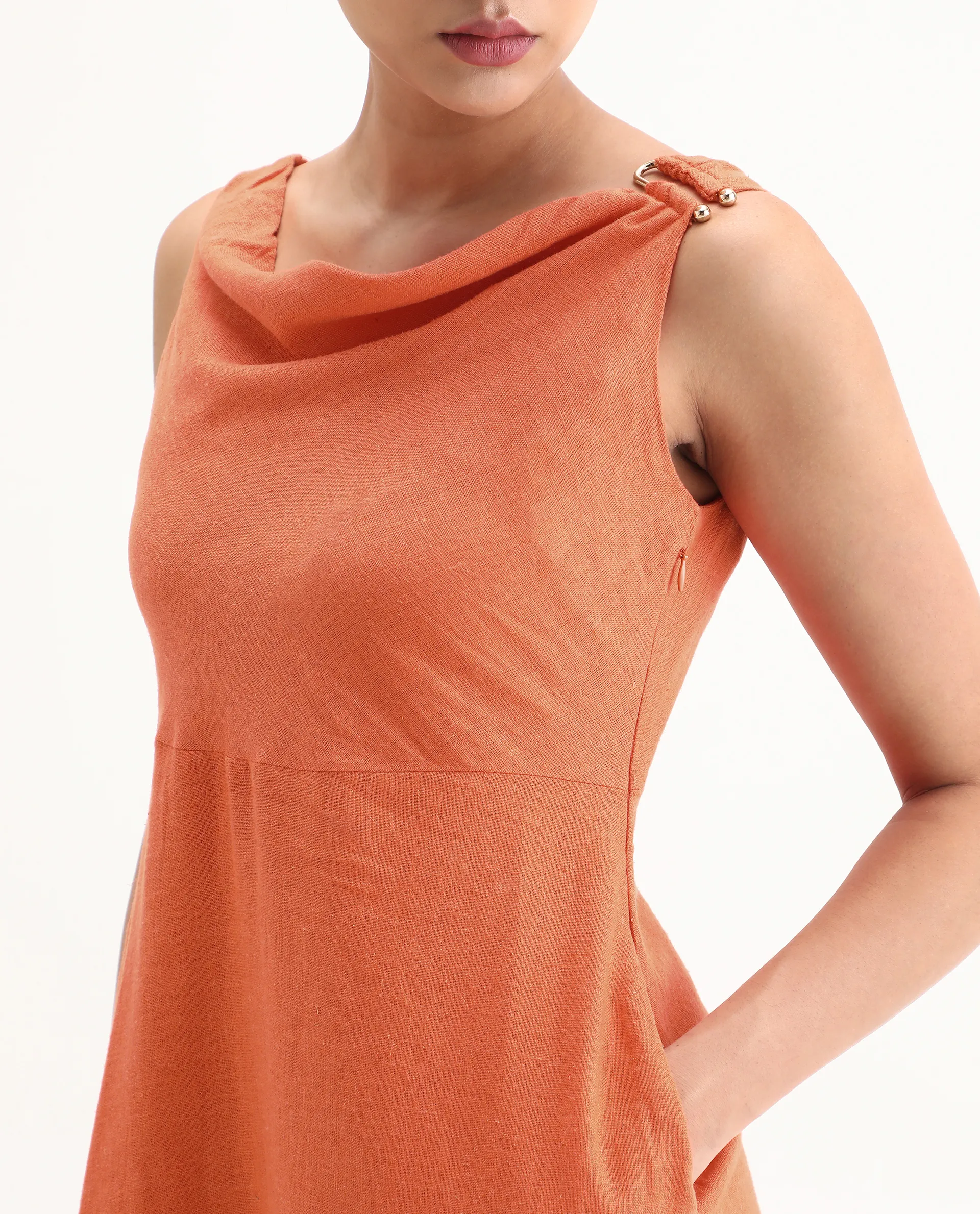 Rareism Women's Eswati Orange Linen Cowl Neck Plain Sleeveless Knee Length Flared Dress - Image 3