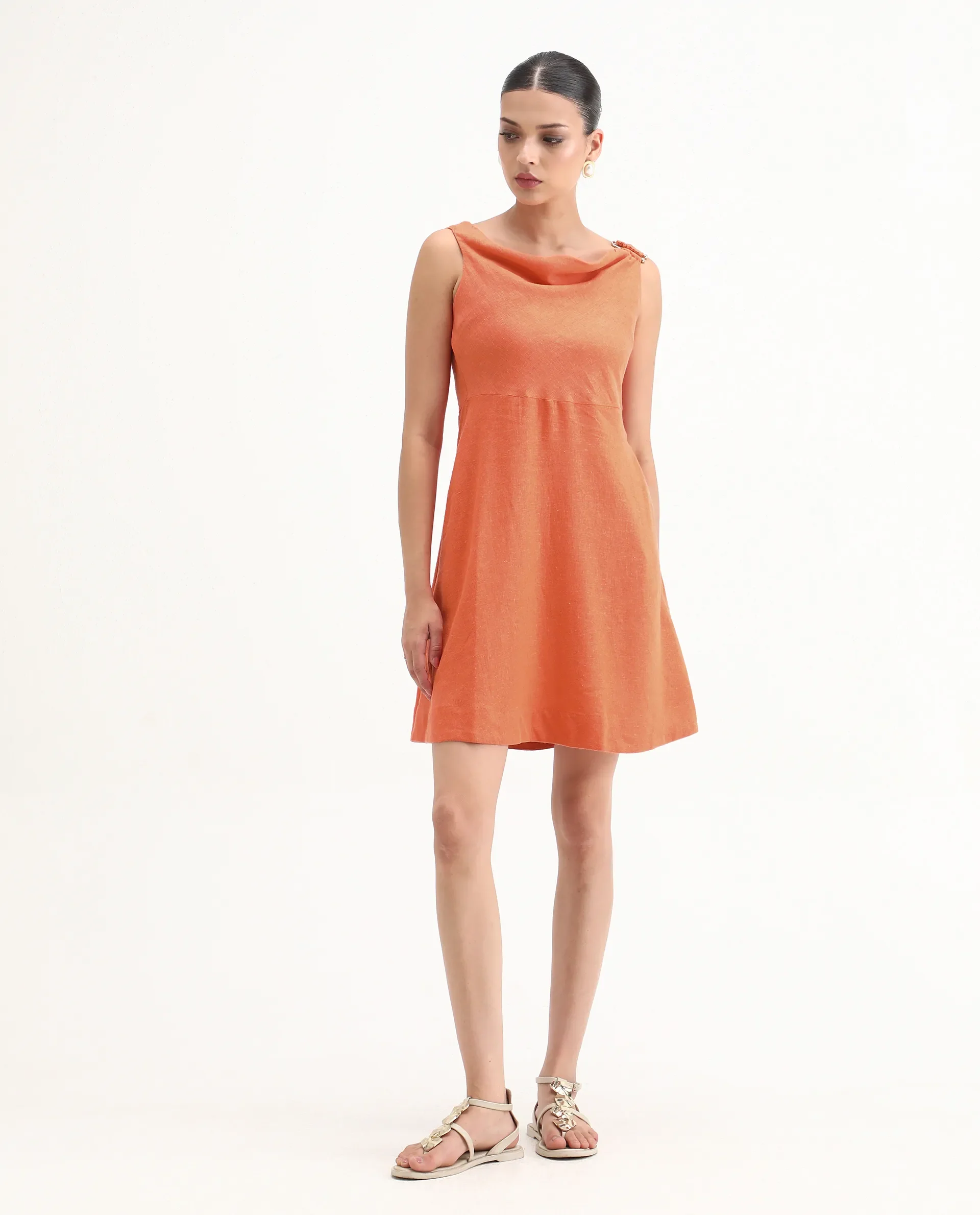 Rareism Women's Eswati Orange Linen Cowl Neck Plain Sleeveless Knee Length Flared Dress - Image 4
