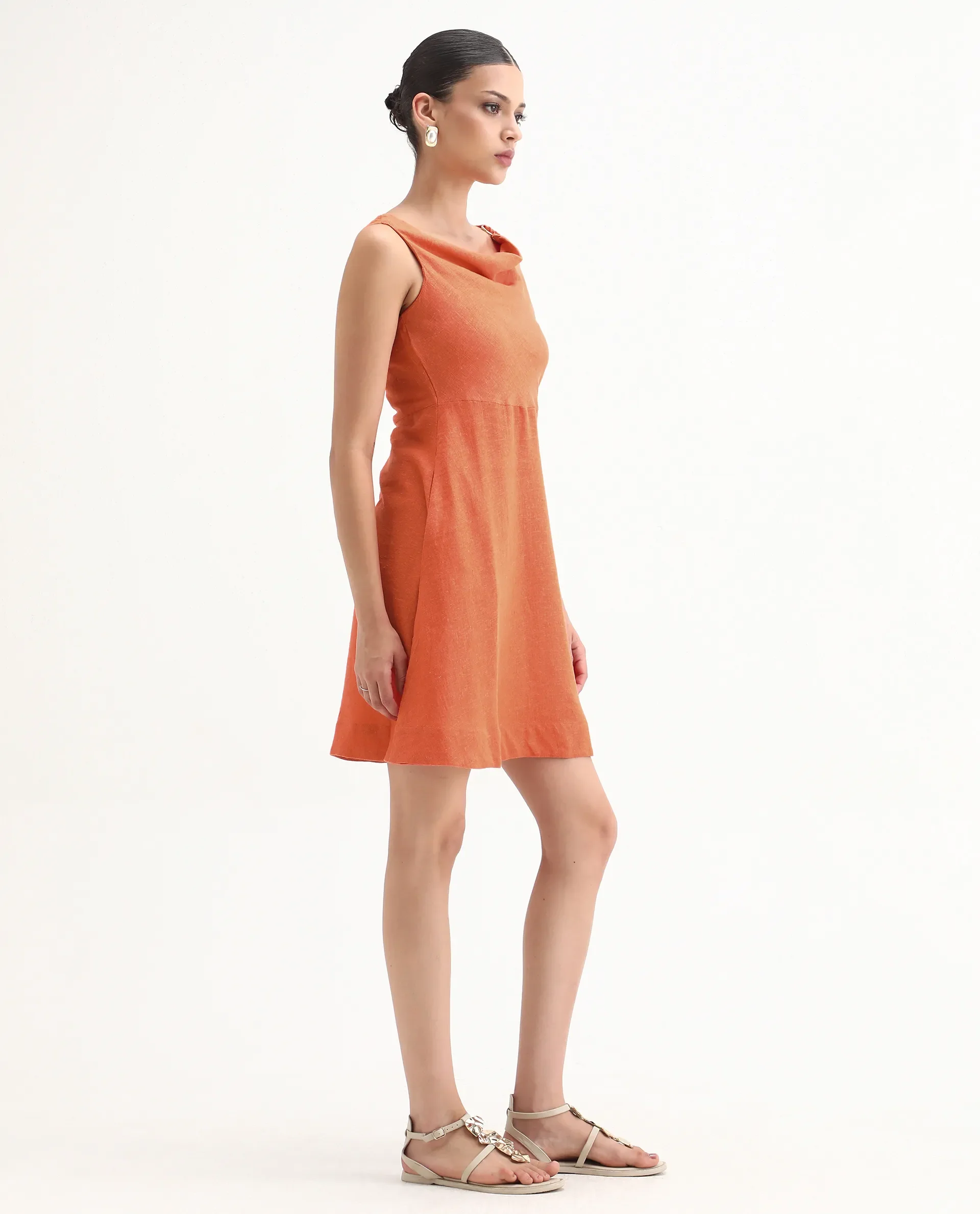 Rareism Women's Eswati Orange Linen Cowl Neck Plain Sleeveless Knee Length Flared Dress - Image 5