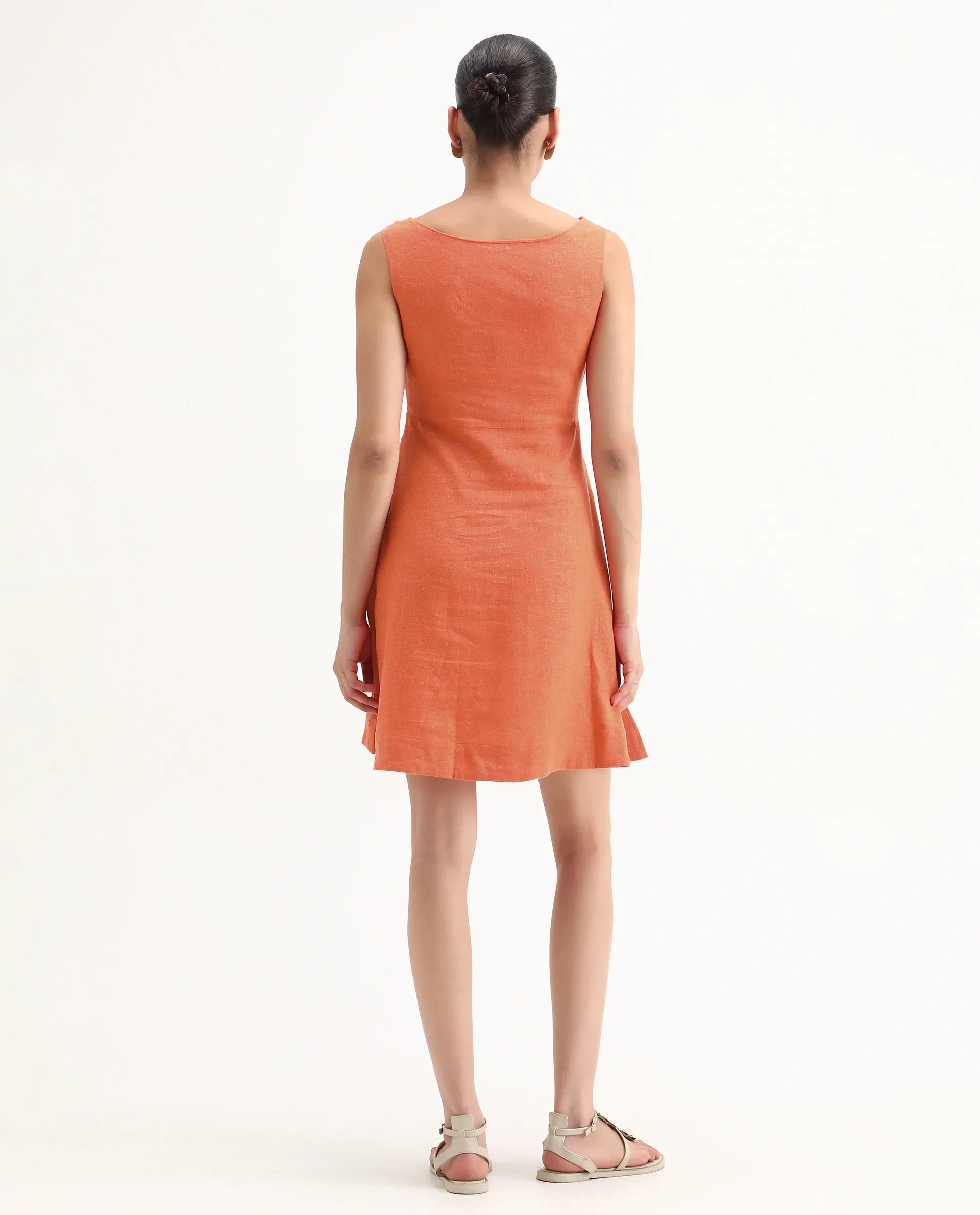 Rareism Women's Eswati Orange Linen Cowl Neck Plain Sleeveless Knee Length Flared Dress - Image 7