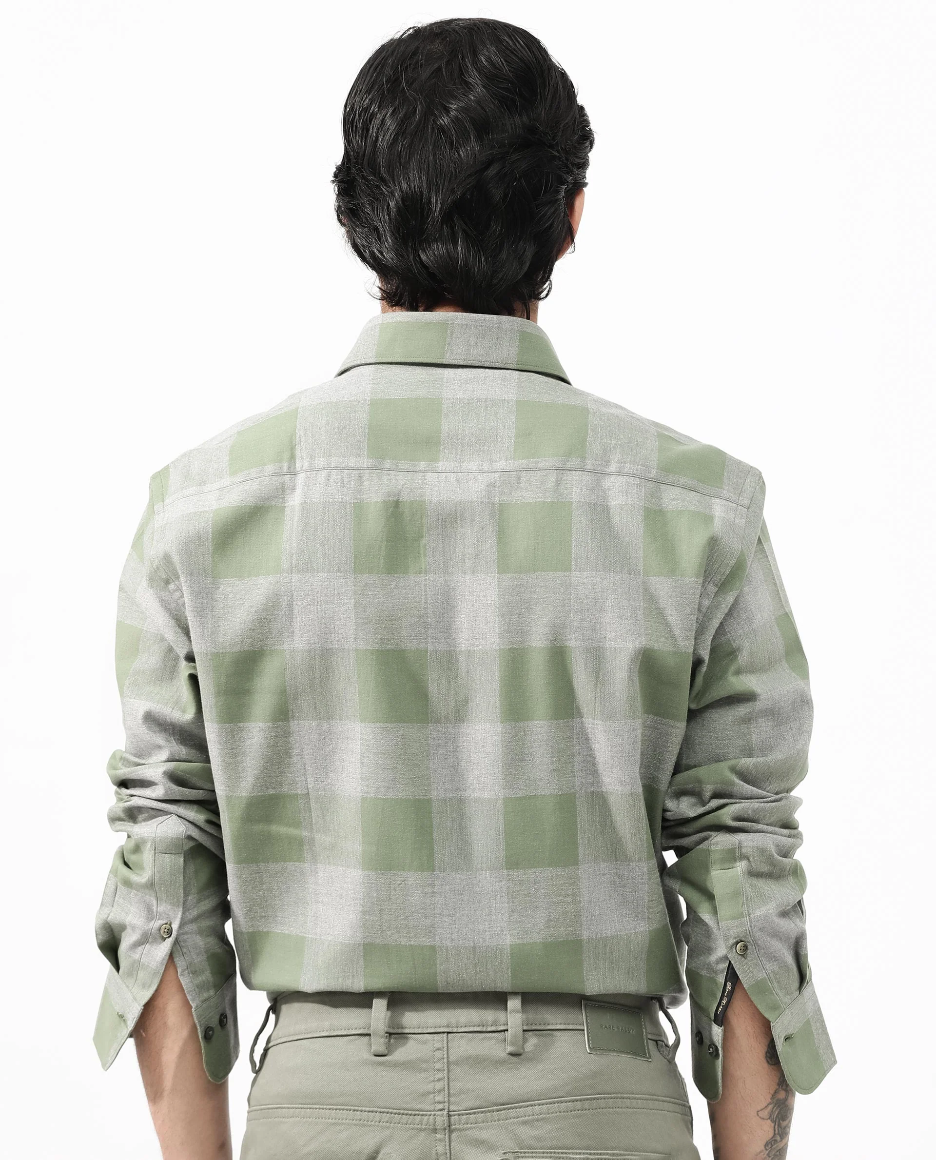 Rare Rabbit Men's Etan Dusky Green Cotton Checked Print Regular Fit Full Sleeve Collared Shirt - Image 10