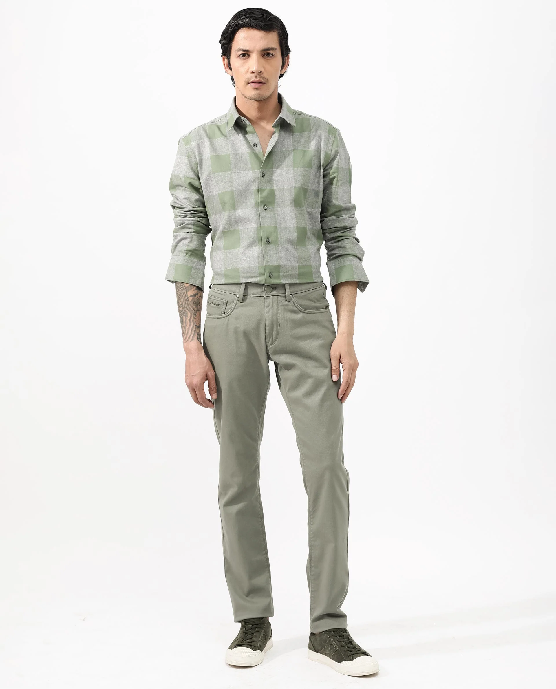 Rare Rabbit Men's Etan Dusky Green Cotton Checked Print Regular Fit Full Sleeve Collared Shirt - Image 2