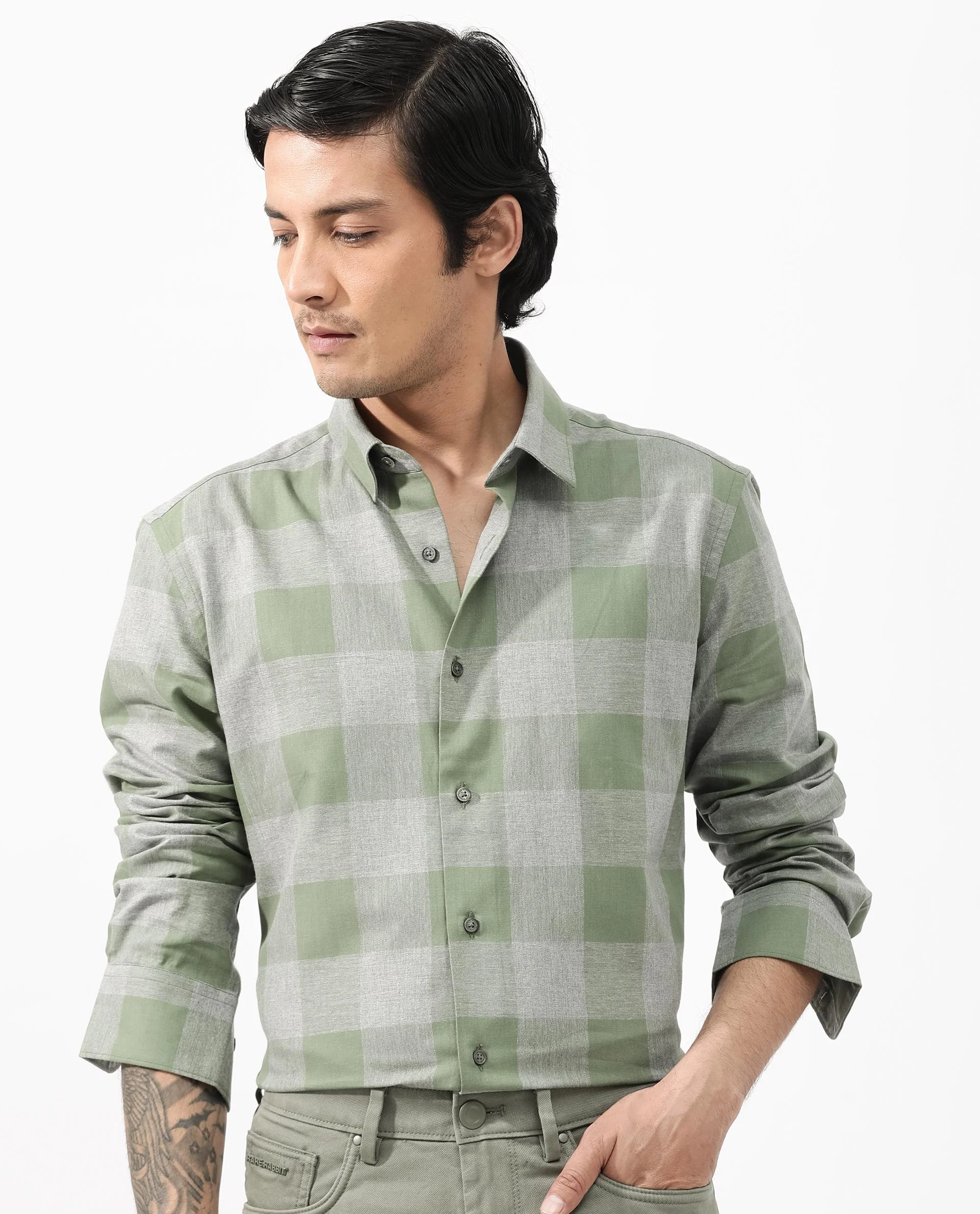 Rare Rabbit Men's Etan Dusky Green Cotton Checked Print Regular Fit Full Sleeve Collared Shirt - Image 3