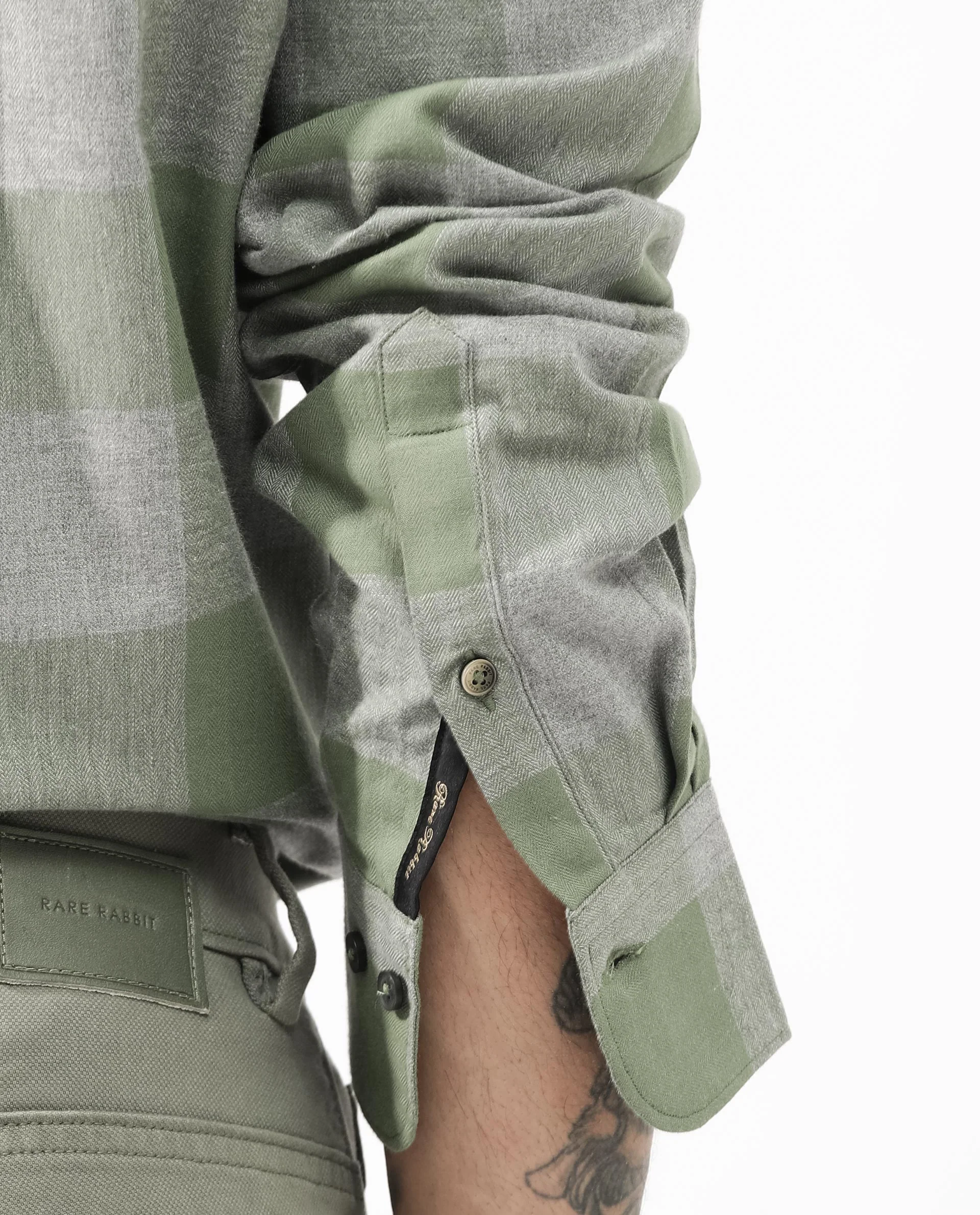 Rare Rabbit Men's Etan Dusky Green Cotton Checked Print Regular Fit Full Sleeve Collared Shirt - Image 4