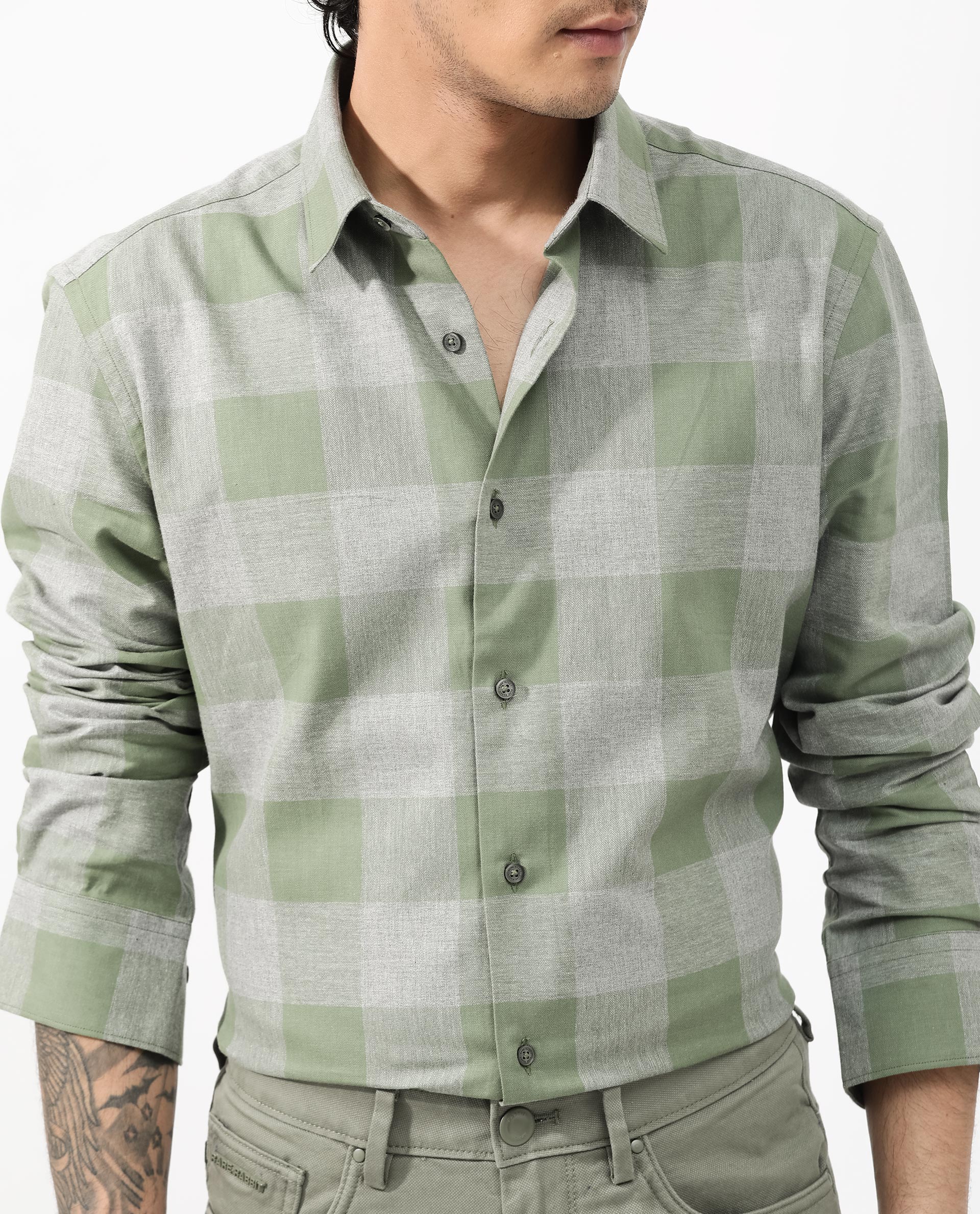 Rare Rabbit Men's Etan Dusky Green Cotton Checked Print Regular Fit Full Sleeve Collared Shirt - Image 5