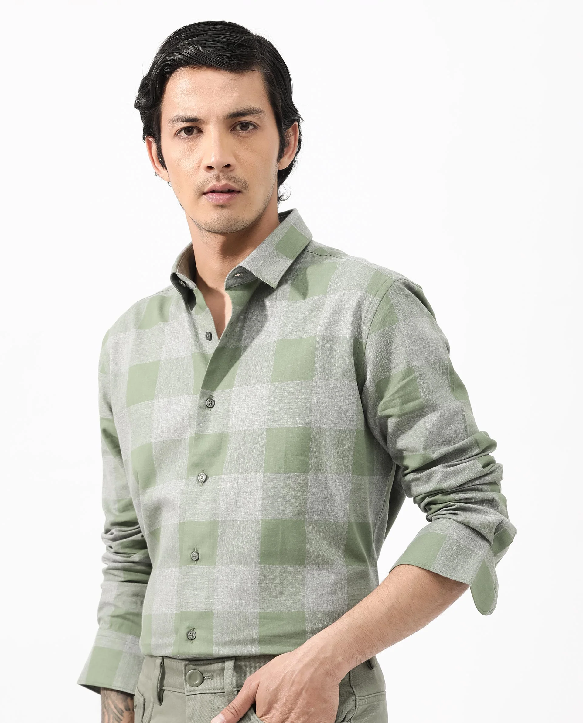 Rare Rabbit Men's Etan Dusky Green Cotton Checked Print Regular Fit Full Sleeve Collared Shirt - Image 6