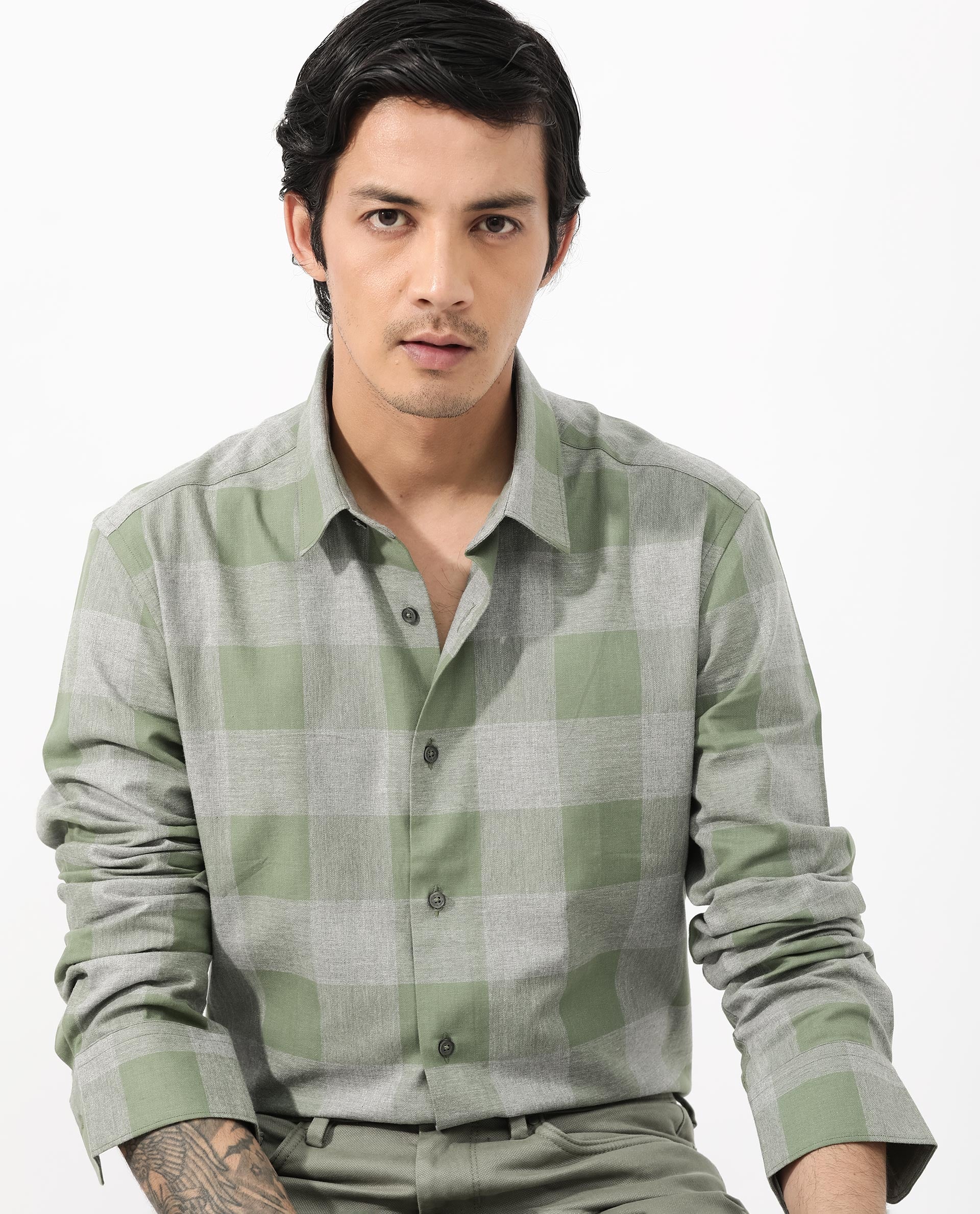 Rare Rabbit Men's Etan Dusky Green Cotton Checked Print Regular Fit Full Sleeve Collared Shirt - Image 7