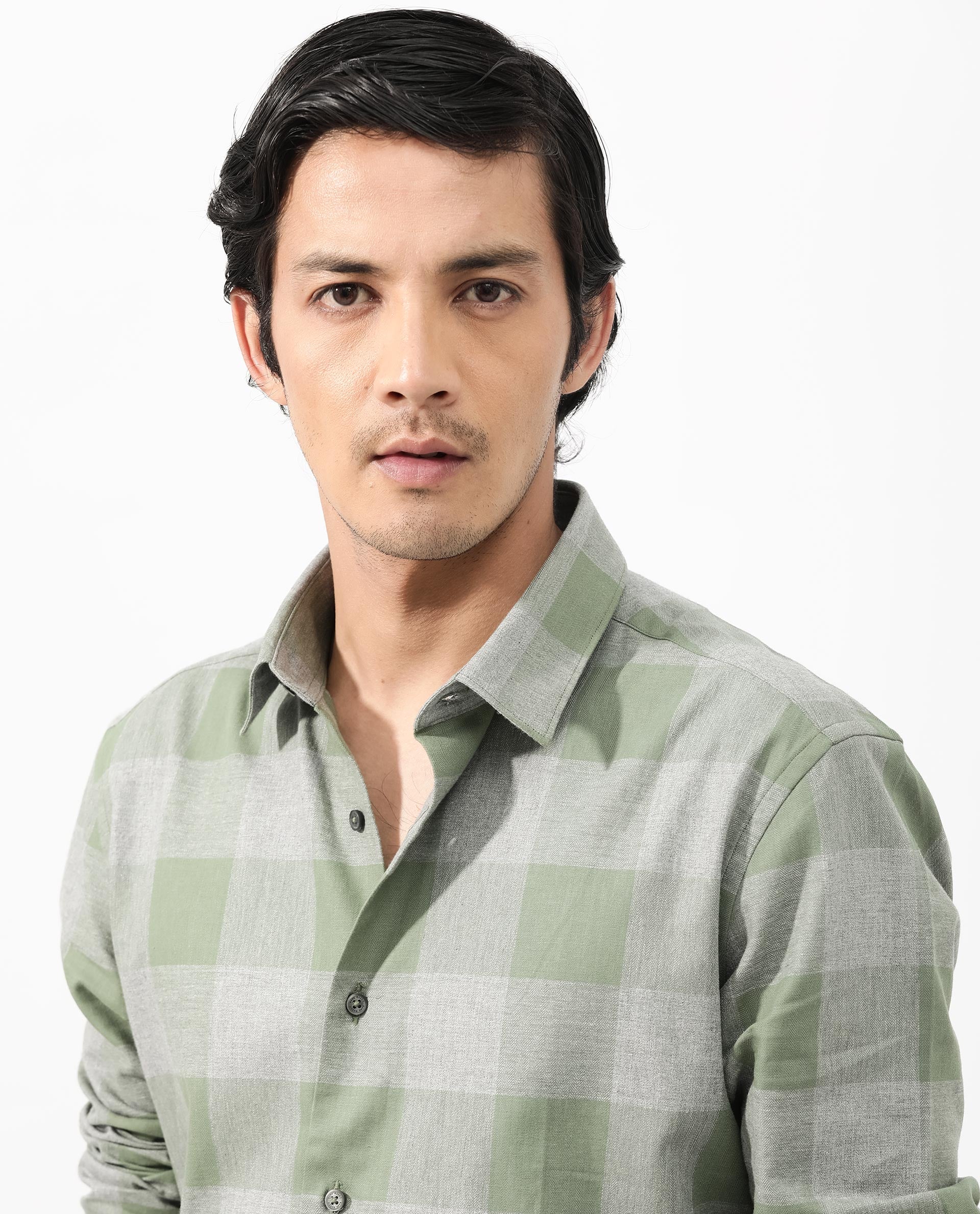 Rare Rabbit Men's Etan Dusky Green Cotton Checked Print Regular Fit Full Sleeve Collared Shirt - Image 8