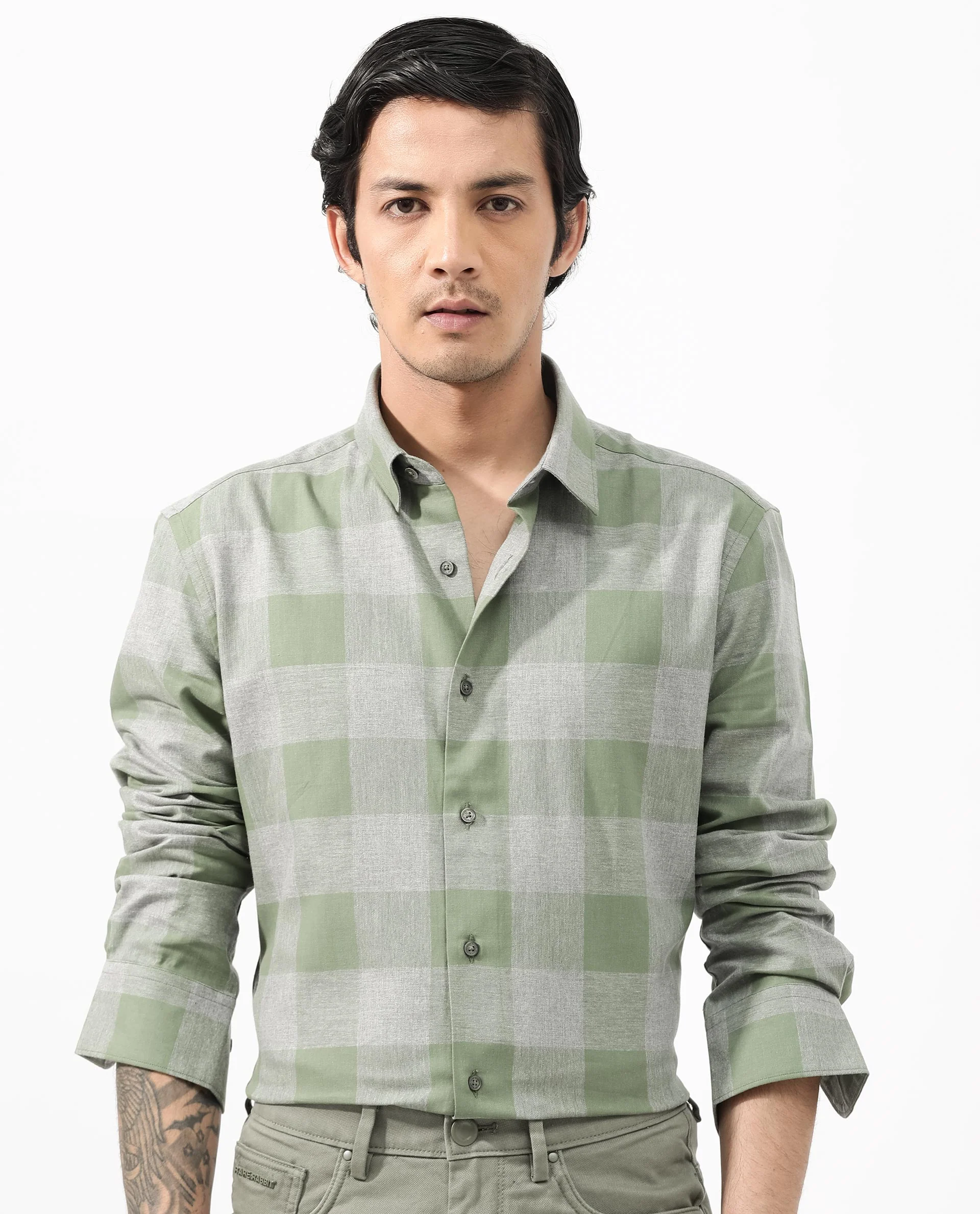 Rare Rabbit Men's Etan Dusky Green Cotton Checked Print Regular Fit Full Sleeve Collared Shirt - Image 9