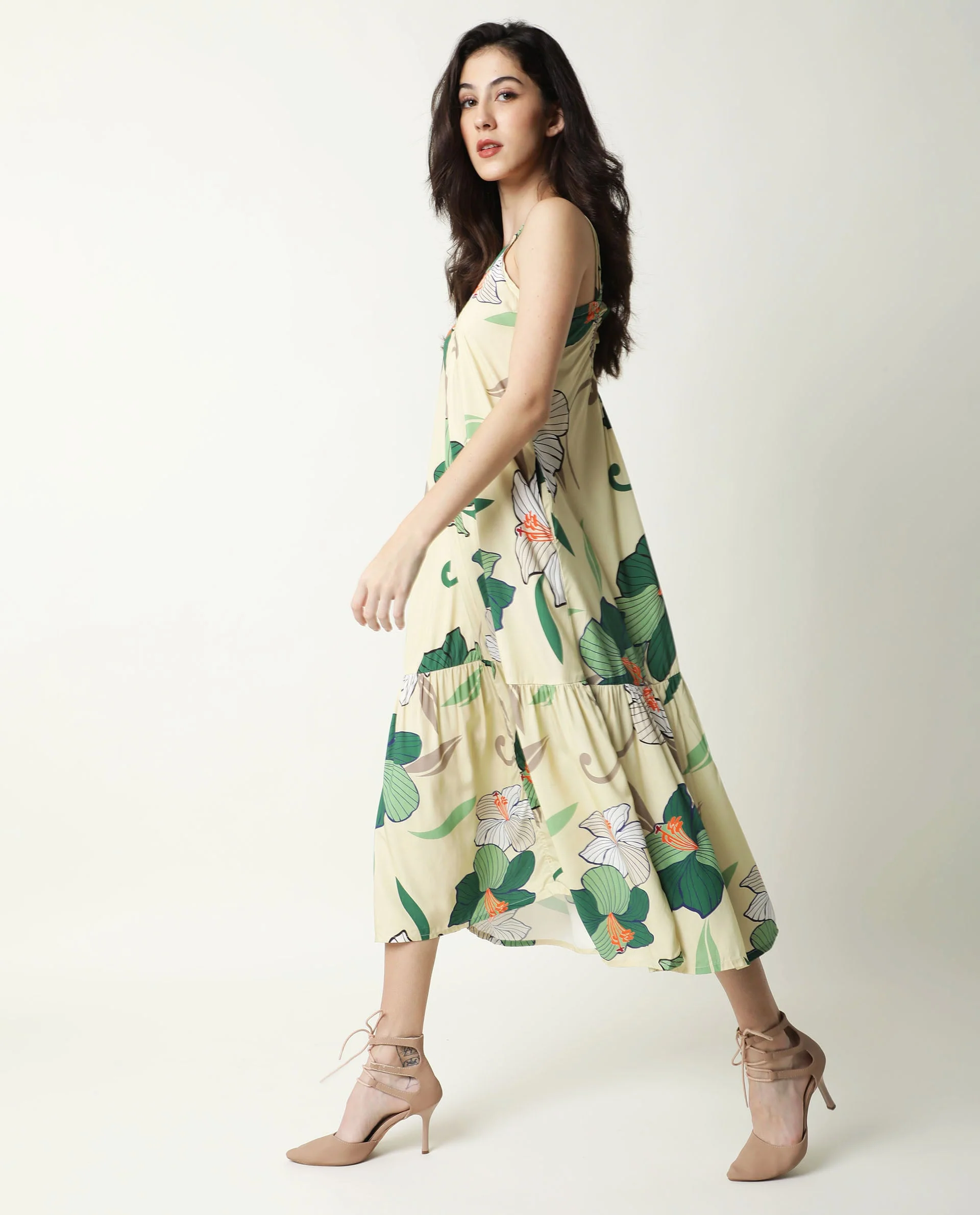 Rareism Women's Etana Offwhite Viscose V-Neck Floral Print Shoulder Strap Knee Length Regular Fit Dress - Image 5
