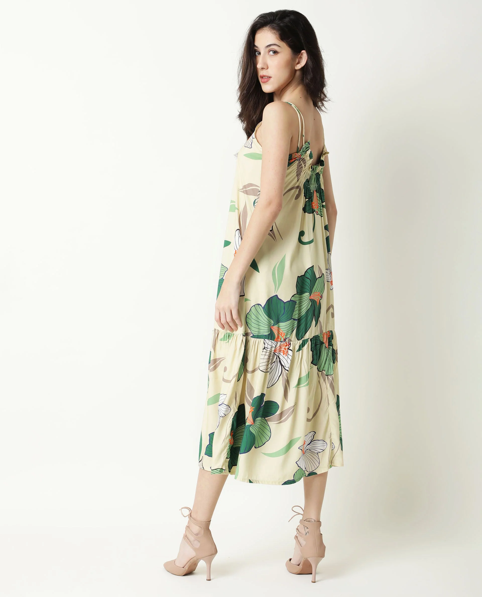 Rareism Women's Etana Offwhite Viscose V-Neck Floral Print Shoulder Strap Knee Length Regular Fit Dress - Image 6