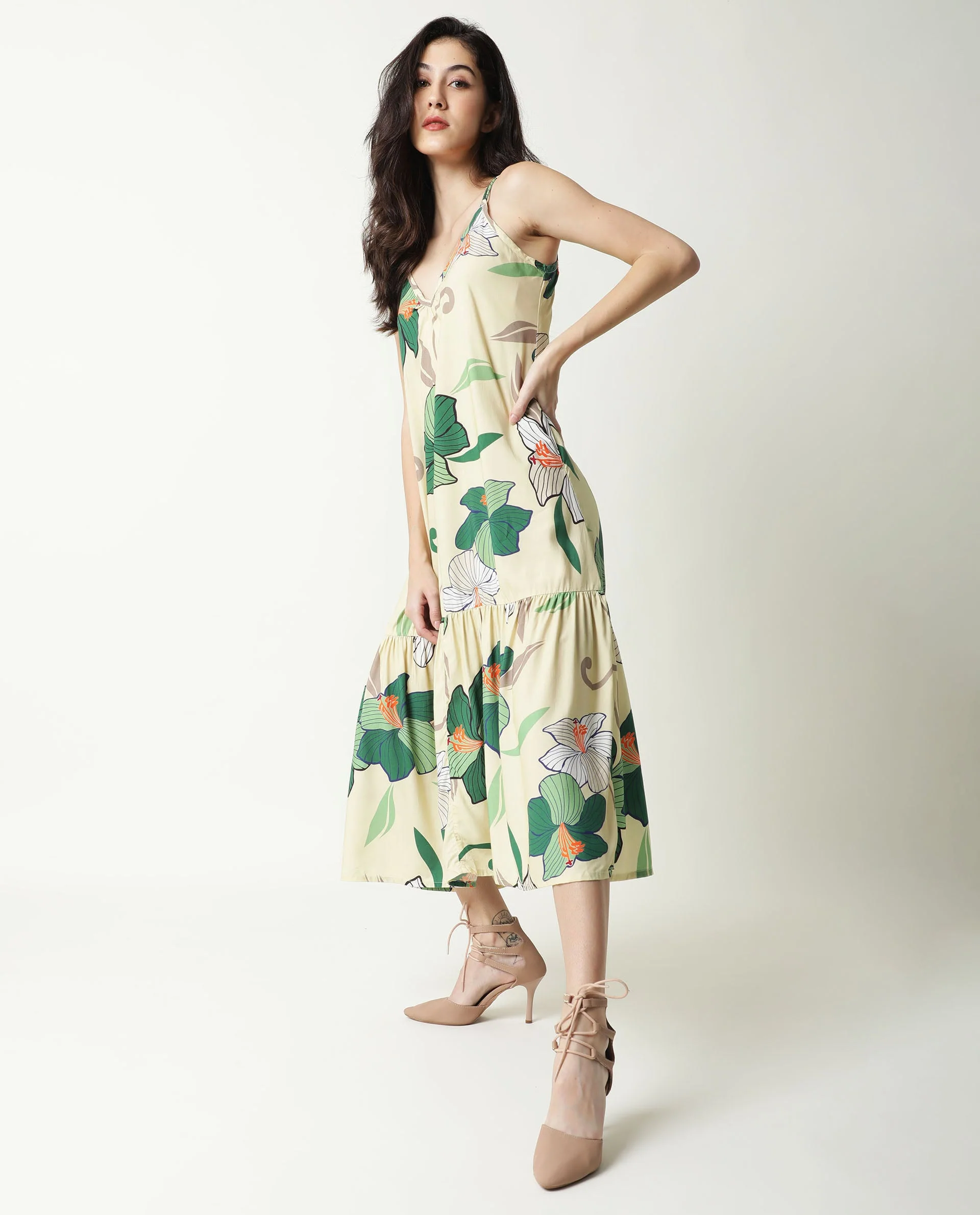 Rareism Women's Etana Offwhite Viscose V-Neck Floral Print Shoulder Strap Knee Length Regular Fit Dress - Image 7