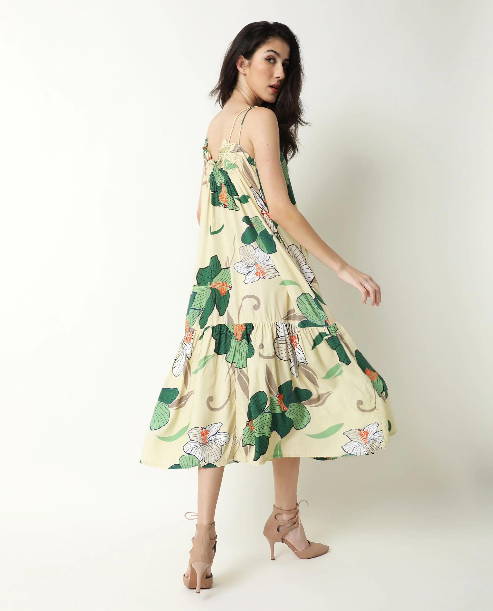Rareism Women's Etana Offwhite Viscose V-Neck Floral Print Shoulder Strap Knee Length Regular Fit Dress - Image 8