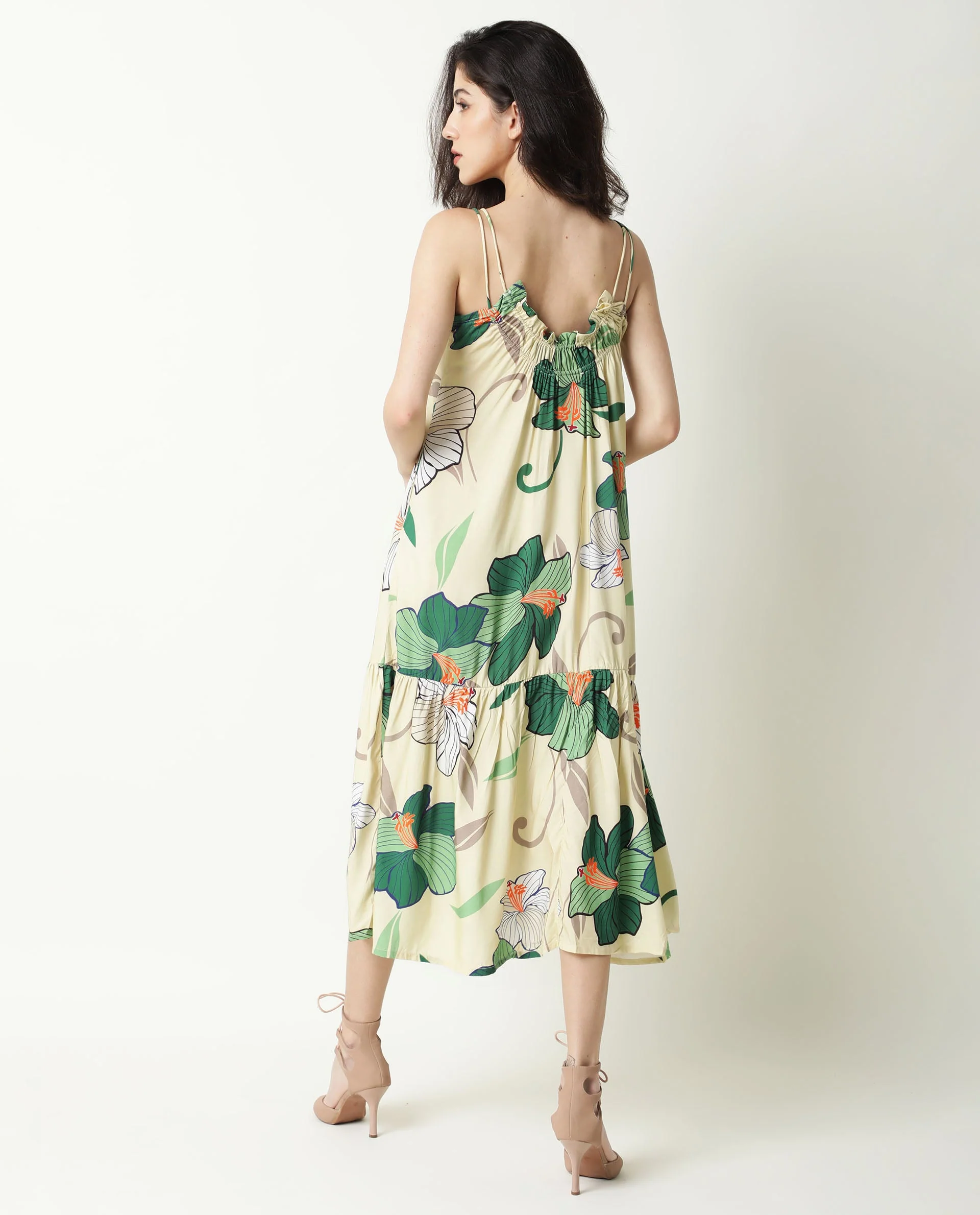 Rareism Women's Etana Offwhite Viscose V-Neck Floral Print Shoulder Strap Knee Length Regular Fit Dress - Image 9