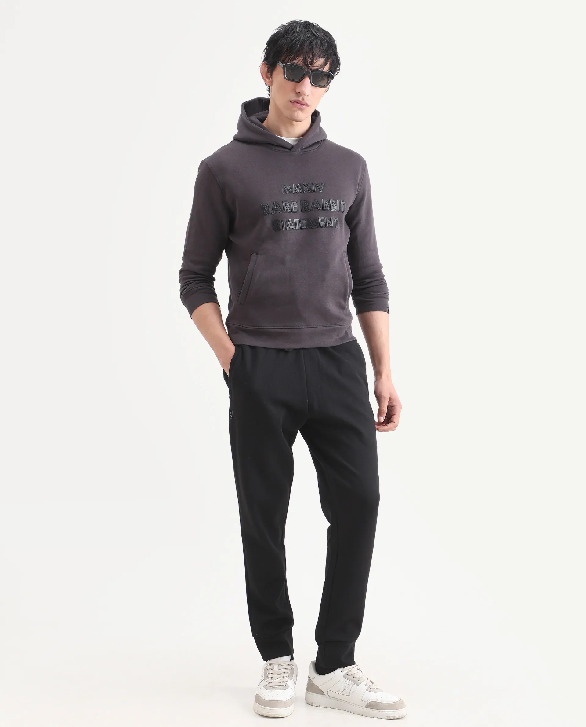 Rare Rabbit Men's Ether Dark Grey Cotton Embroidered Regular Fit Full Sleeve Hooded Sweatshirt - Image 2