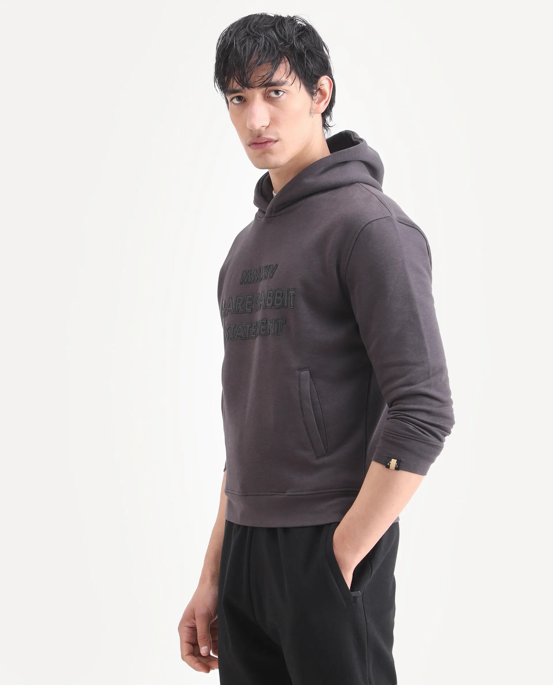 Rare Rabbit Men's Ether Dark Grey Cotton Embroidered Regular Fit Full Sleeve Hooded Sweatshirt - Image 4