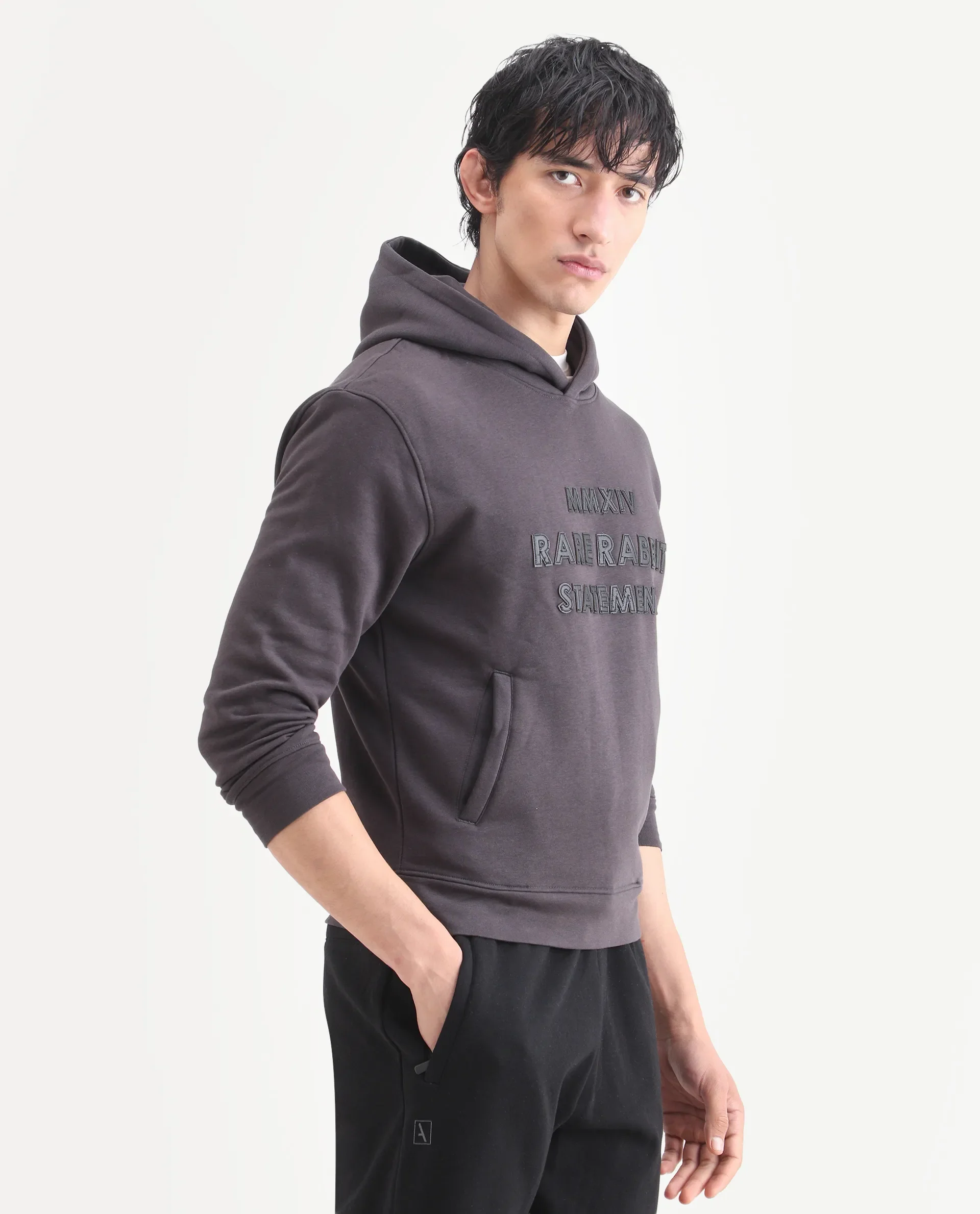 Rare Rabbit Men's Ether Dark Grey Cotton Embroidered Regular Fit Full Sleeve Hooded Sweatshirt - Image 5