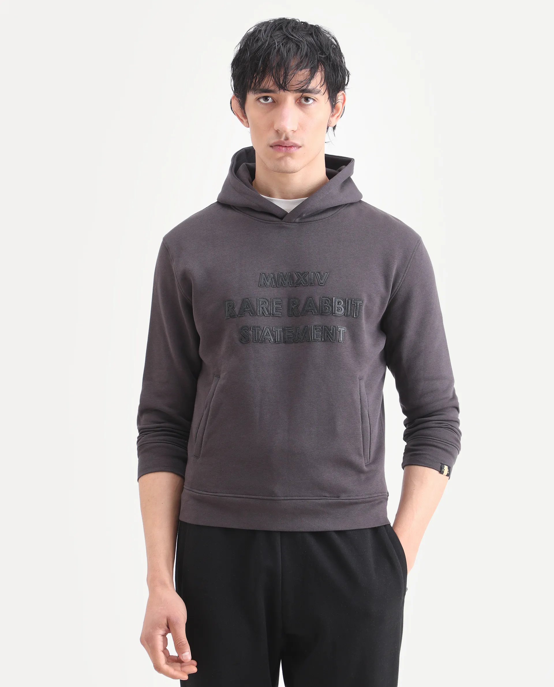 Rare Rabbit Men's Ether Dark Grey Cotton Embroidered Regular Fit Full Sleeve Hooded Sweatshirt - Image 6