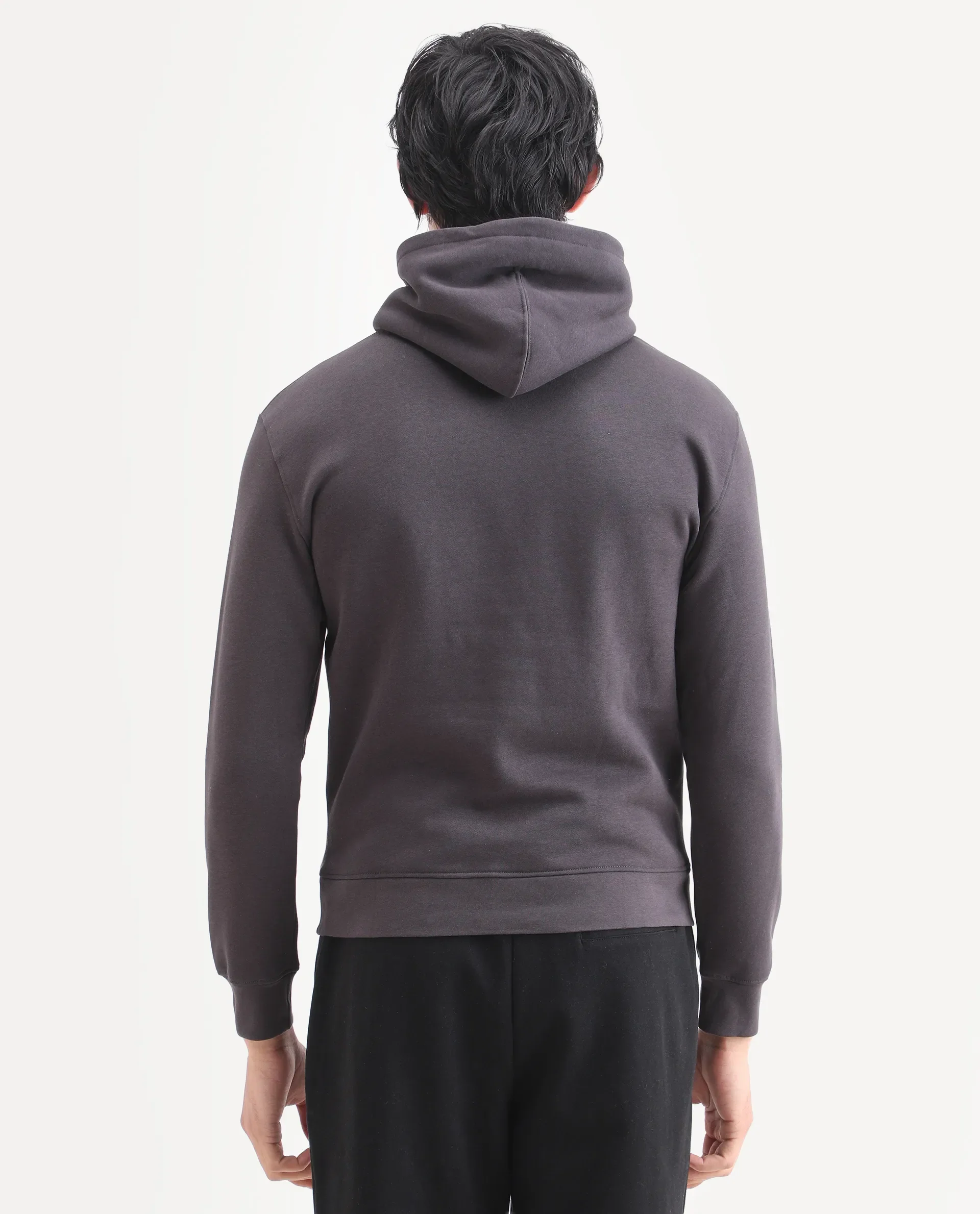 Rare Rabbit Men's Ether Dark Grey Cotton Embroidered Regular Fit Full Sleeve Hooded Sweatshirt - Image 7