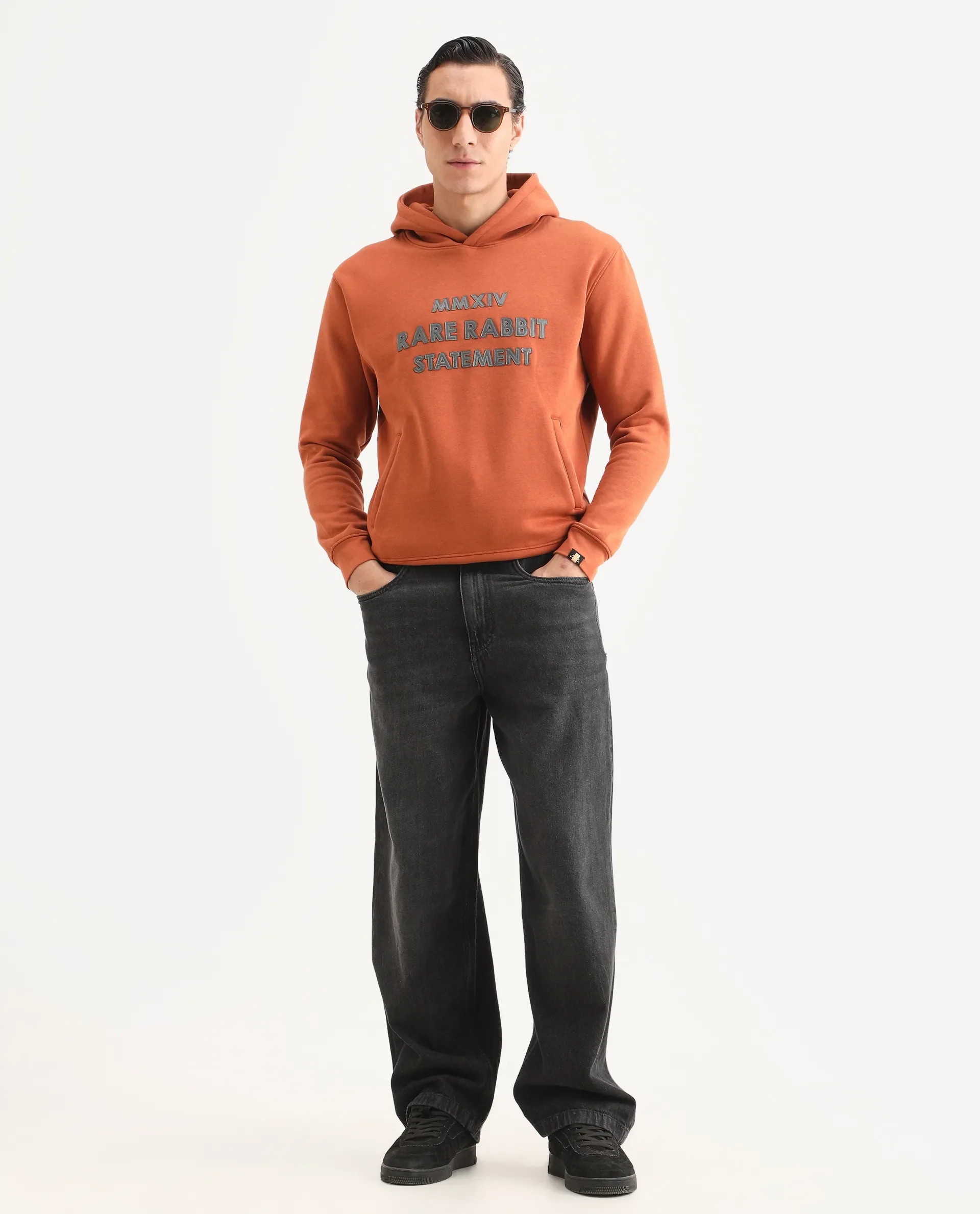 Rare Rabbit Men's Ether Rust Cotton Embroidered Regular Fit Full Sleeve Hooded Sweatshirt - Image 2