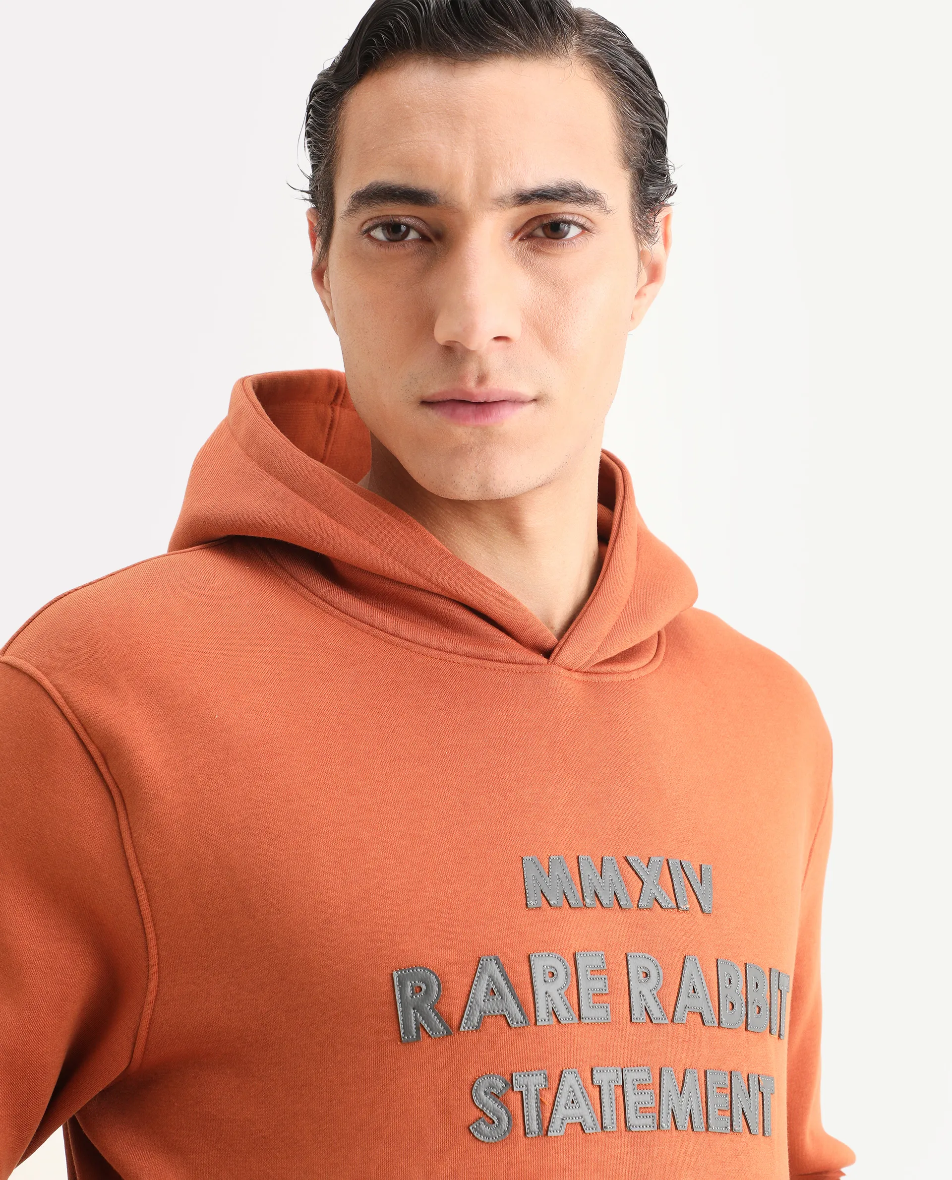 Rare Rabbit Men's Ether Rust Cotton Embroidered Regular Fit Full Sleeve Hooded Sweatshirt - Image 3