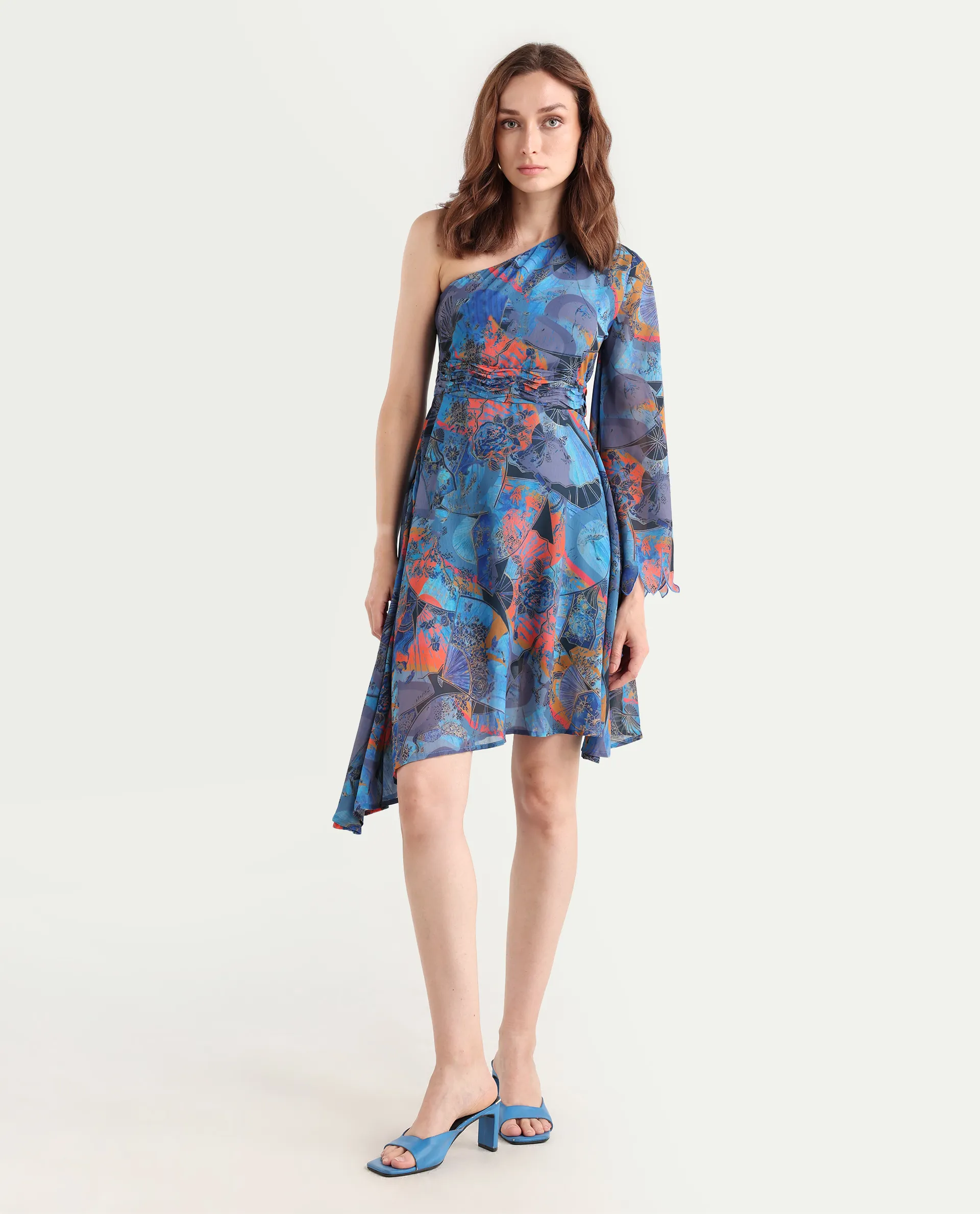Rareism Women's Ethiopi Blue Polyester One Shoulder Abstract Print Asymmetric Sleeve Knee Length Asymmetric Dress - Image 2