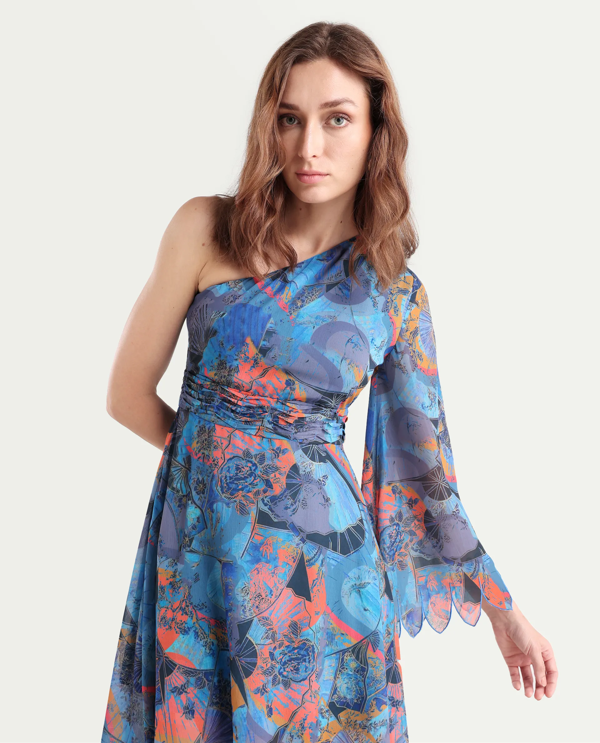 Rareism Women's Ethiopi Blue Polyester One Shoulder Abstract Print Asymmetric Sleeve Knee Length Asymmetric Dress - Image 3