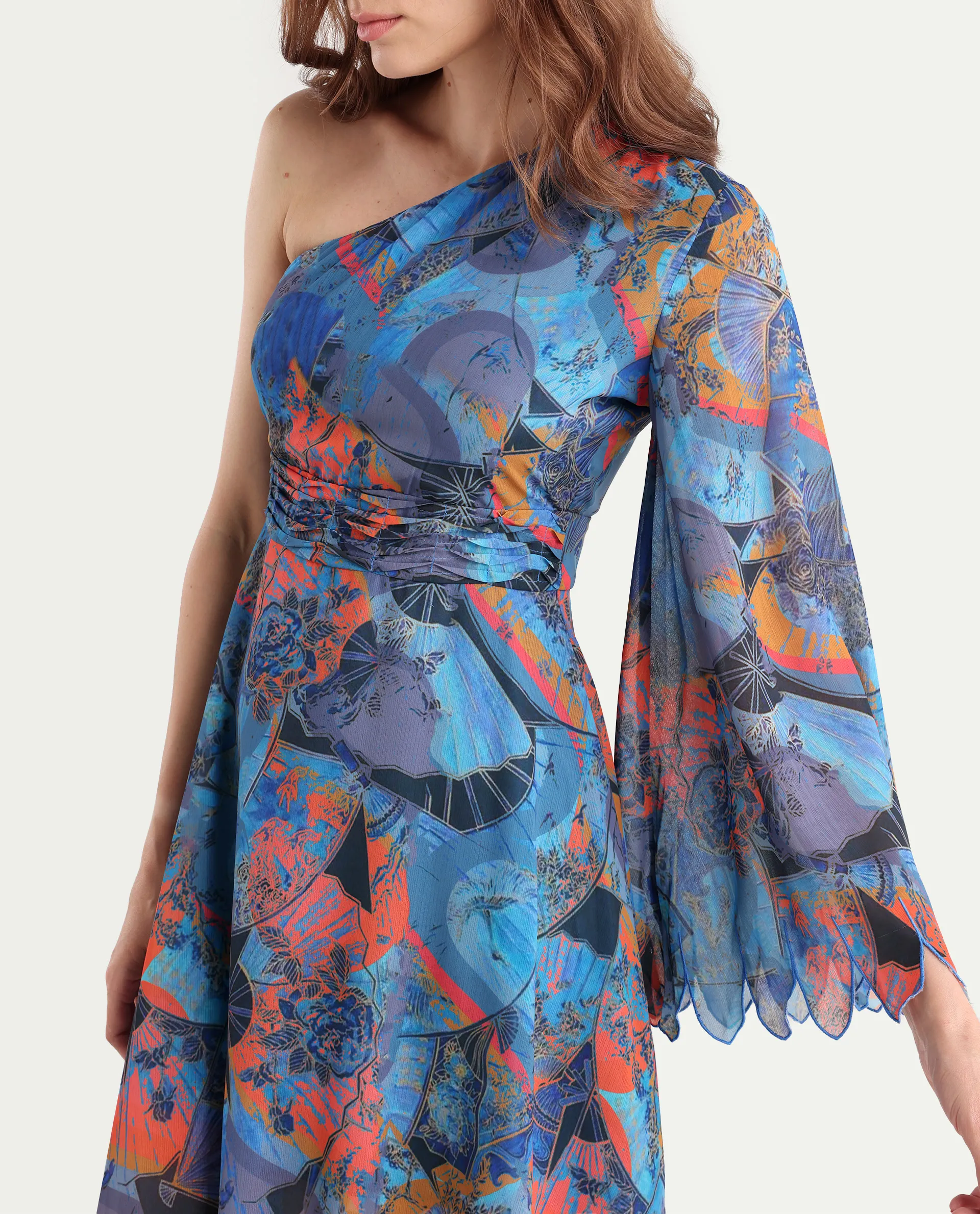 Rareism Women's Ethiopi Blue Polyester One Shoulder Abstract Print Asymmetric Sleeve Knee Length Asymmetric Dress - Image 4