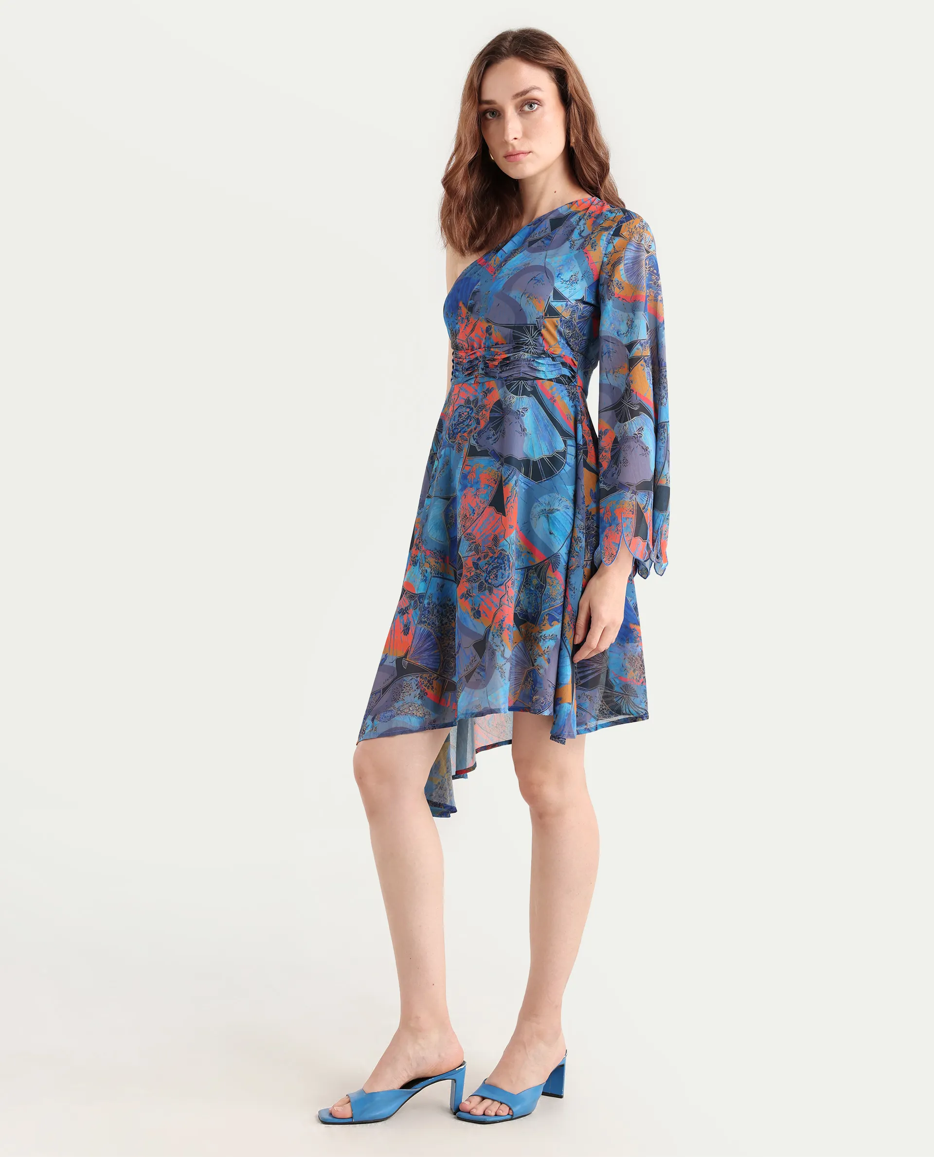 Rareism Women's Ethiopi Blue Polyester One Shoulder Abstract Print Asymmetric Sleeve Knee Length Asymmetric Dress - Image 5