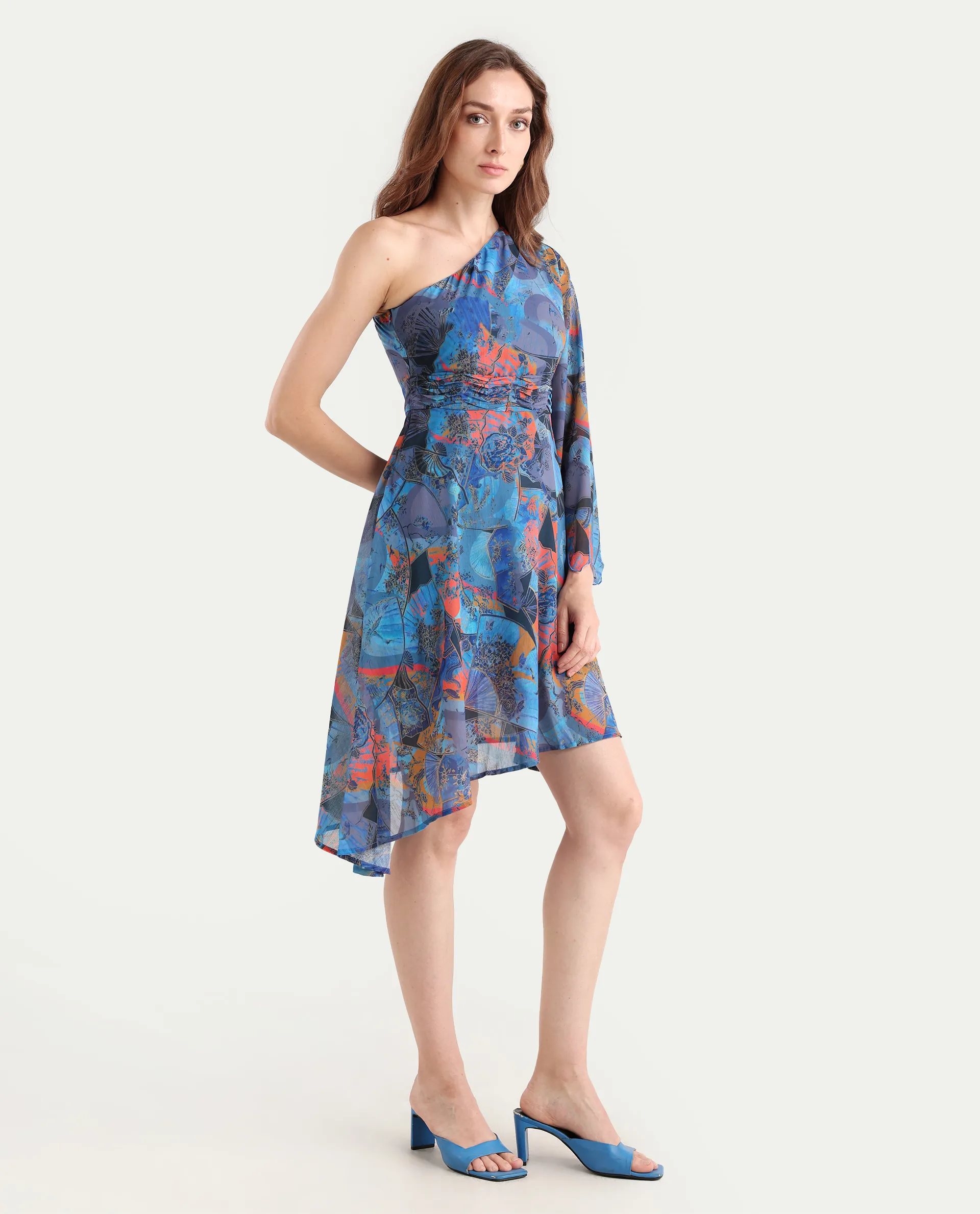 Rareism Women's Ethiopi Blue Polyester One Shoulder Abstract Print Asymmetric Sleeve Knee Length Asymmetric Dress - Image 6