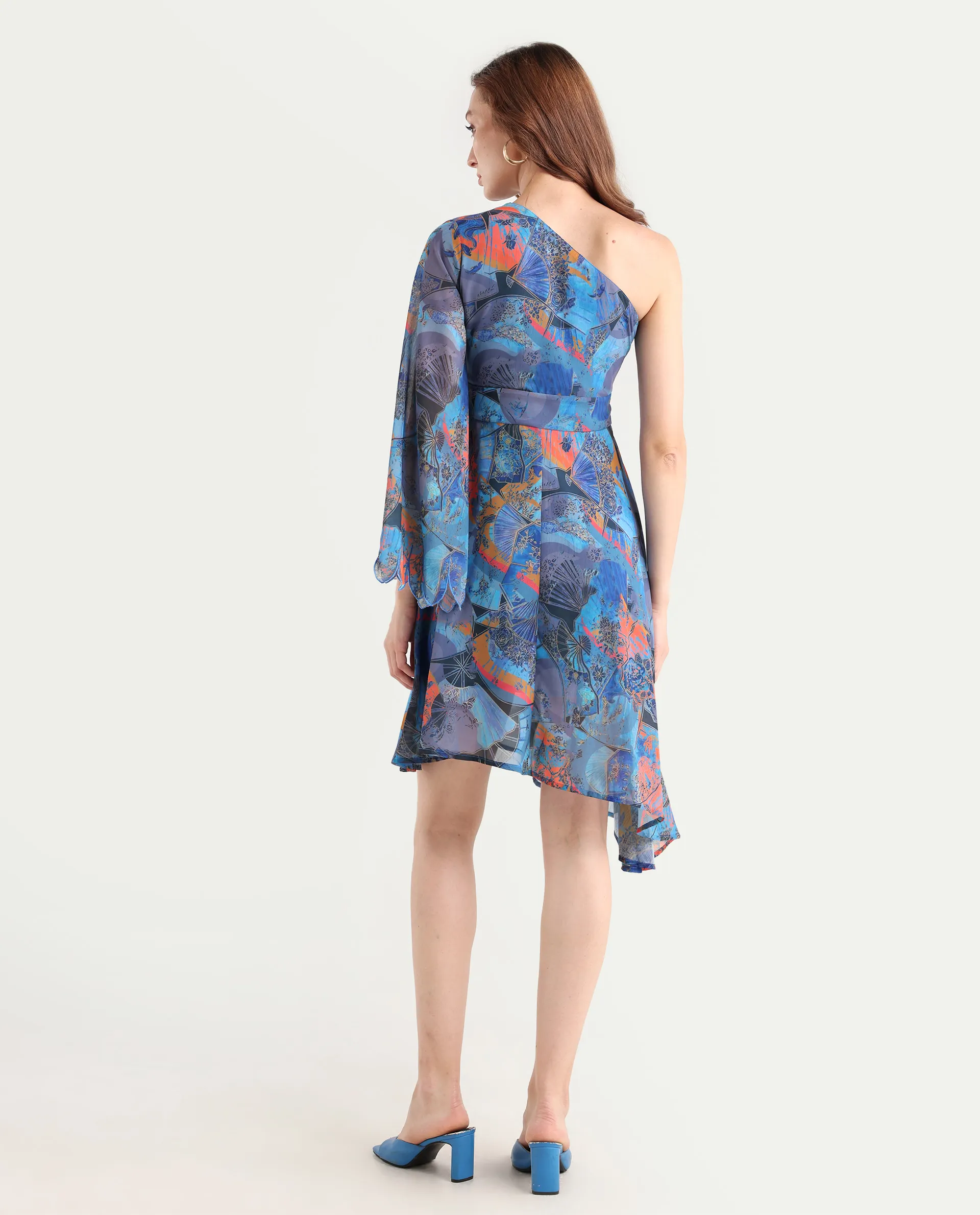 Rareism Women's Ethiopi Blue Polyester One Shoulder Abstract Print Asymmetric Sleeve Knee Length Asymmetric Dress - Image 7