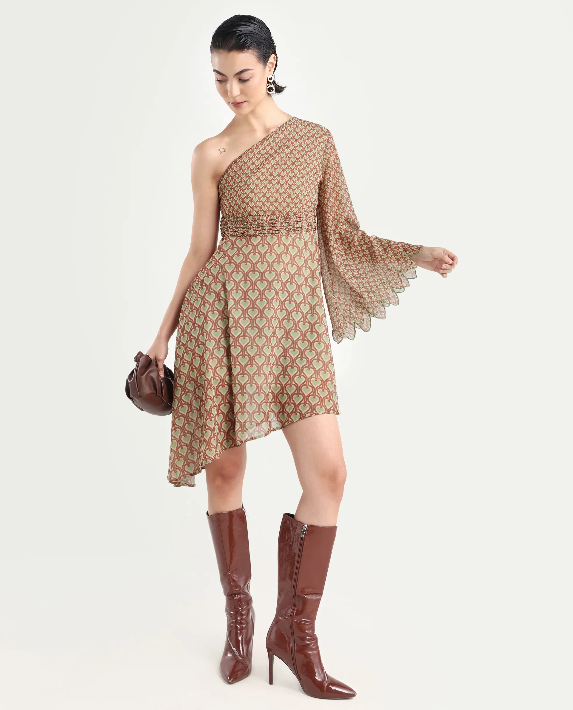 Rareism Women's Ethiopig Multi Polyester One Shoulder Geometric Print Asymmetric Sleeve Knee Length Asymmetric Dress - Image 2