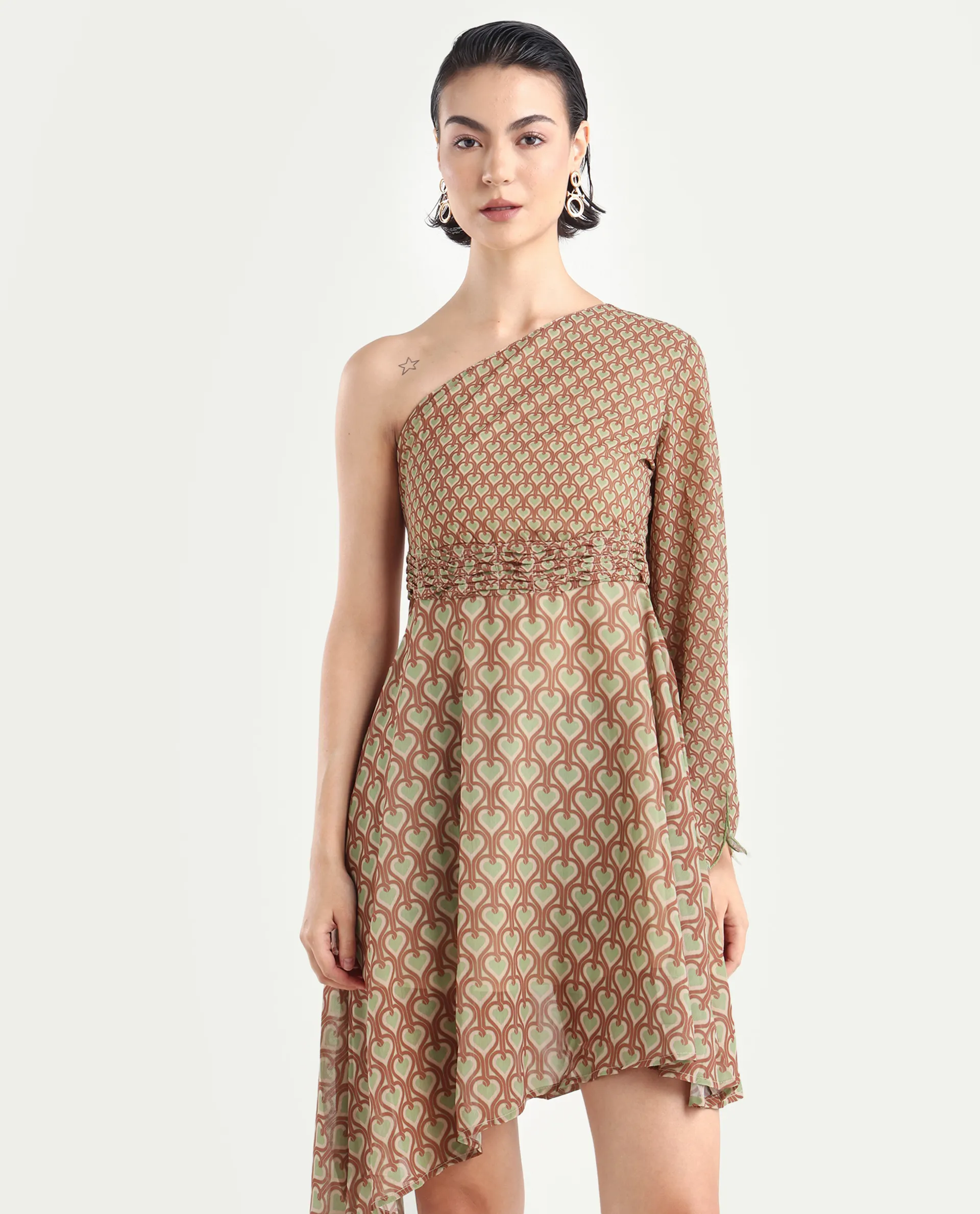 Rareism Women's Ethiopig Multi Polyester One Shoulder Geometric Print Asymmetric Sleeve Knee Length Asymmetric Dress - Image 3