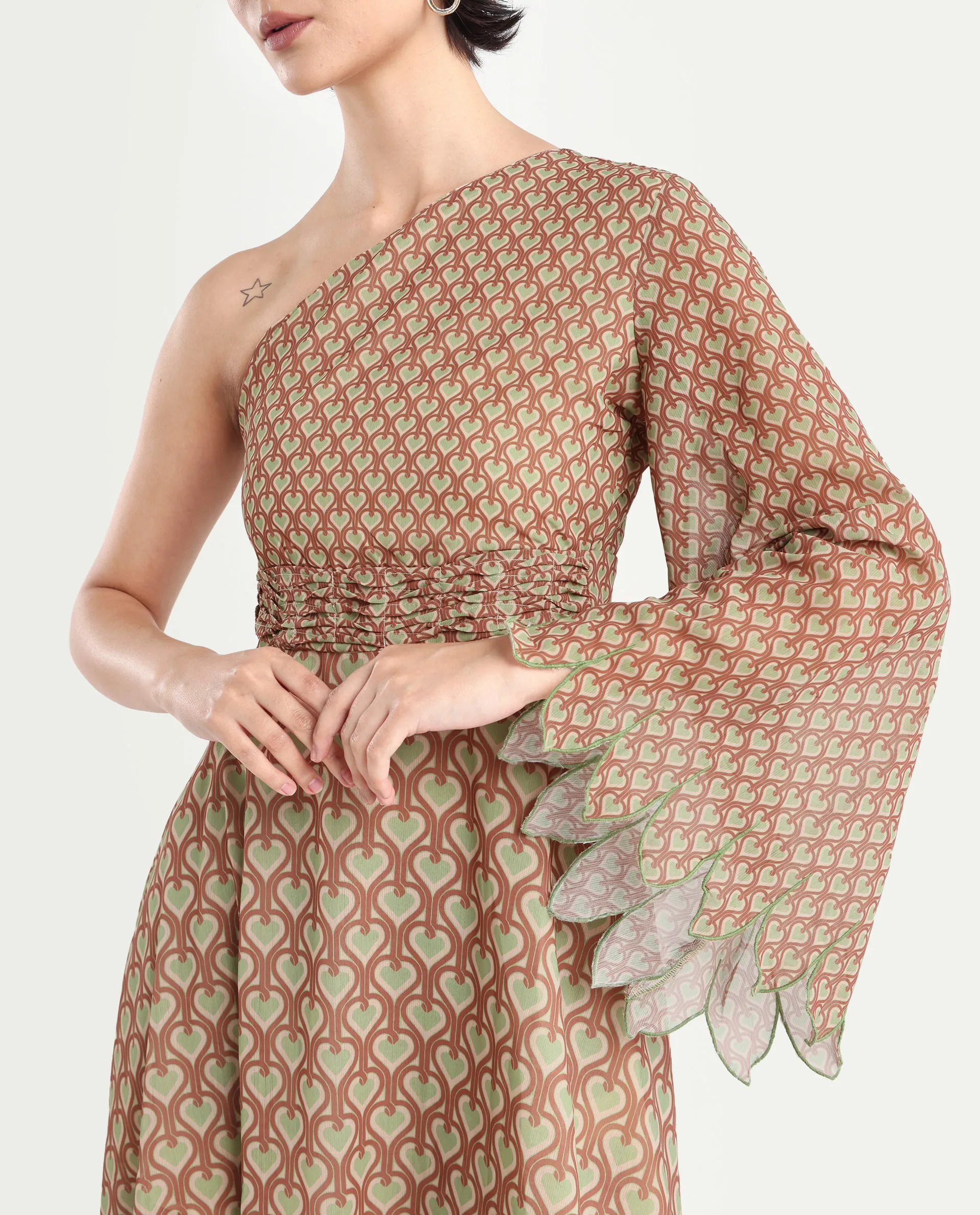 Rareism Women's Ethiopig Multi Polyester One Shoulder Geometric Print Asymmetric Sleeve Knee Length Asymmetric Dress - Image 5