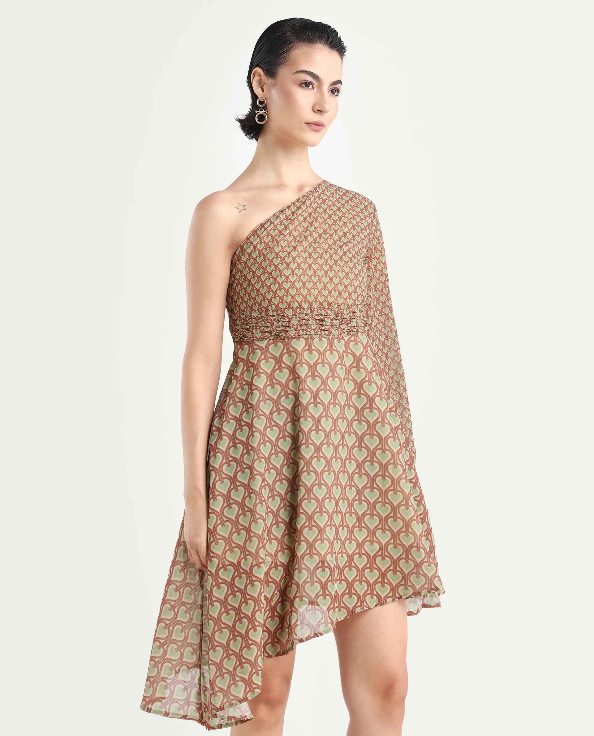 Rareism Women's Ethiopig Multi Polyester One Shoulder Geometric Print Asymmetric Sleeve Knee Length Asymmetric Dress - Image 6