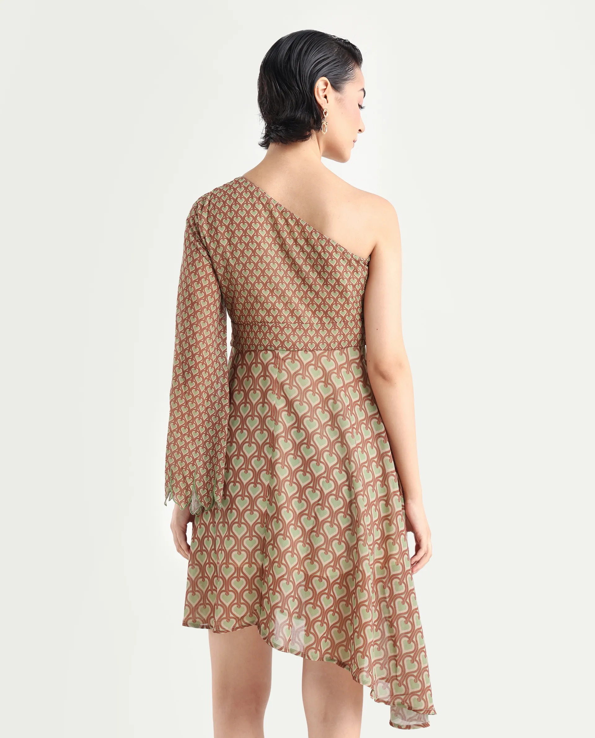 Rareism Women's Ethiopig Multi Polyester One Shoulder Geometric Print Asymmetric Sleeve Knee Length Asymmetric Dress - Image 7