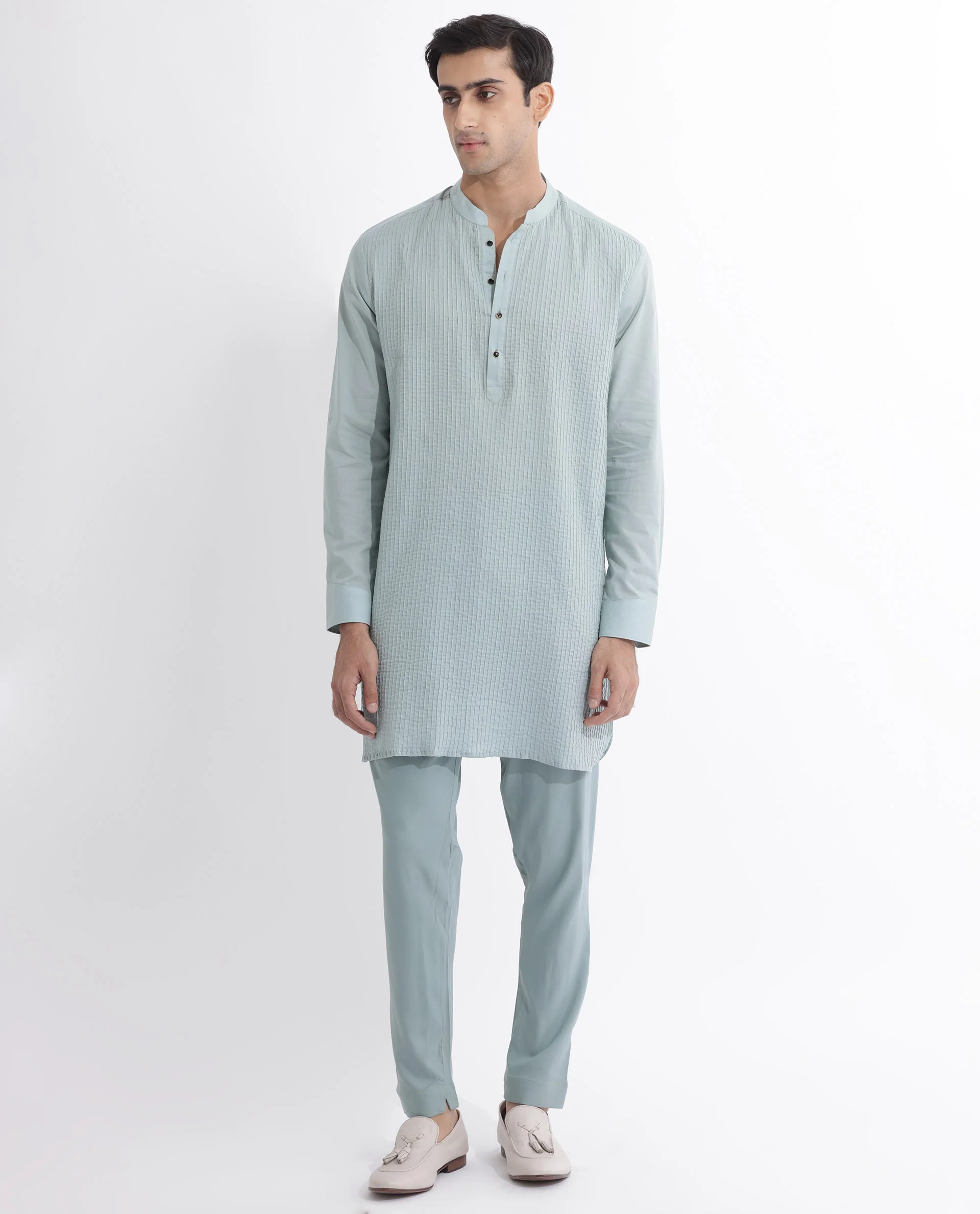 Rare Rabbit Men's Ethnic Light Blue Cotton Striped Print Regular Fit Full Sleeve Mandarin Collar Kurta - Image 3