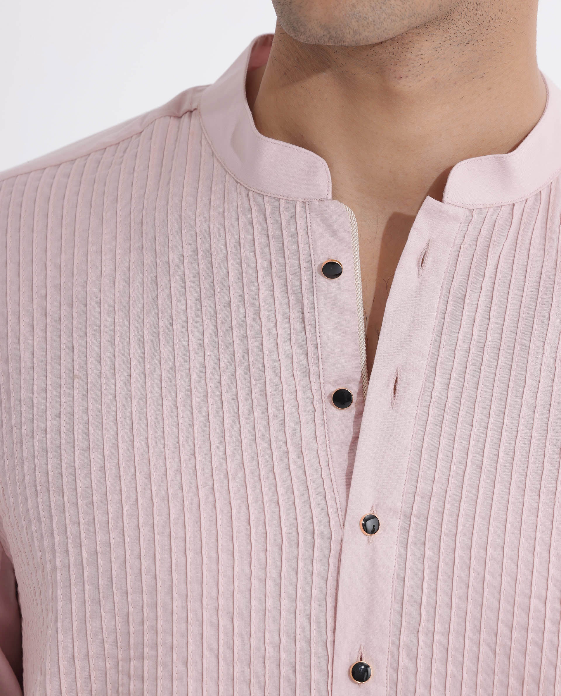 Rare Rabbit Men's Ethnic Pink Cotton Striped Print Regular Fit Full Sleeve Mandarin Collar Kurta - Image 3