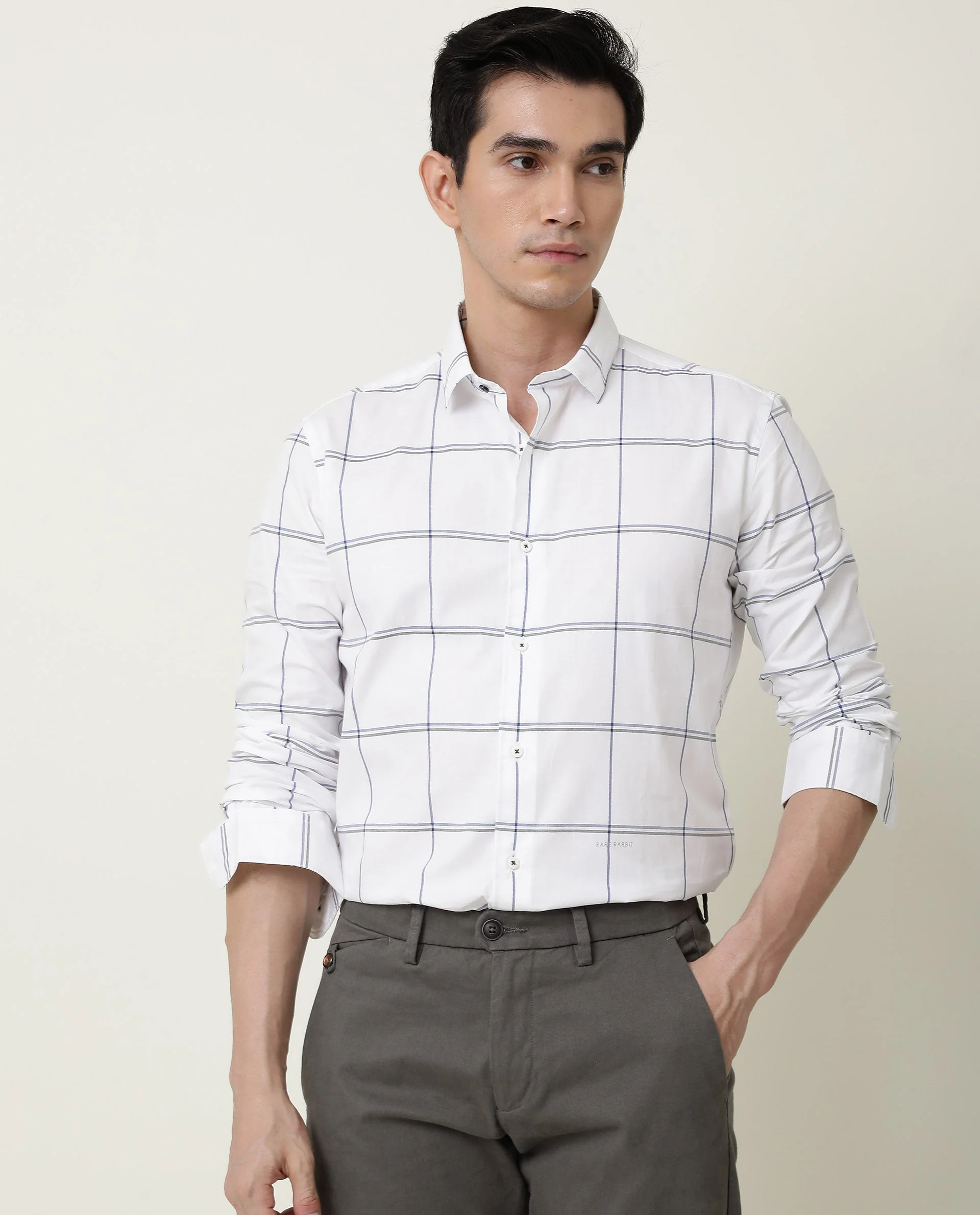 Rare Rabbit Men's Eton White Cotton Checked Print Regular Fit Full Sleeve Spread Collar Shirt - Image 3