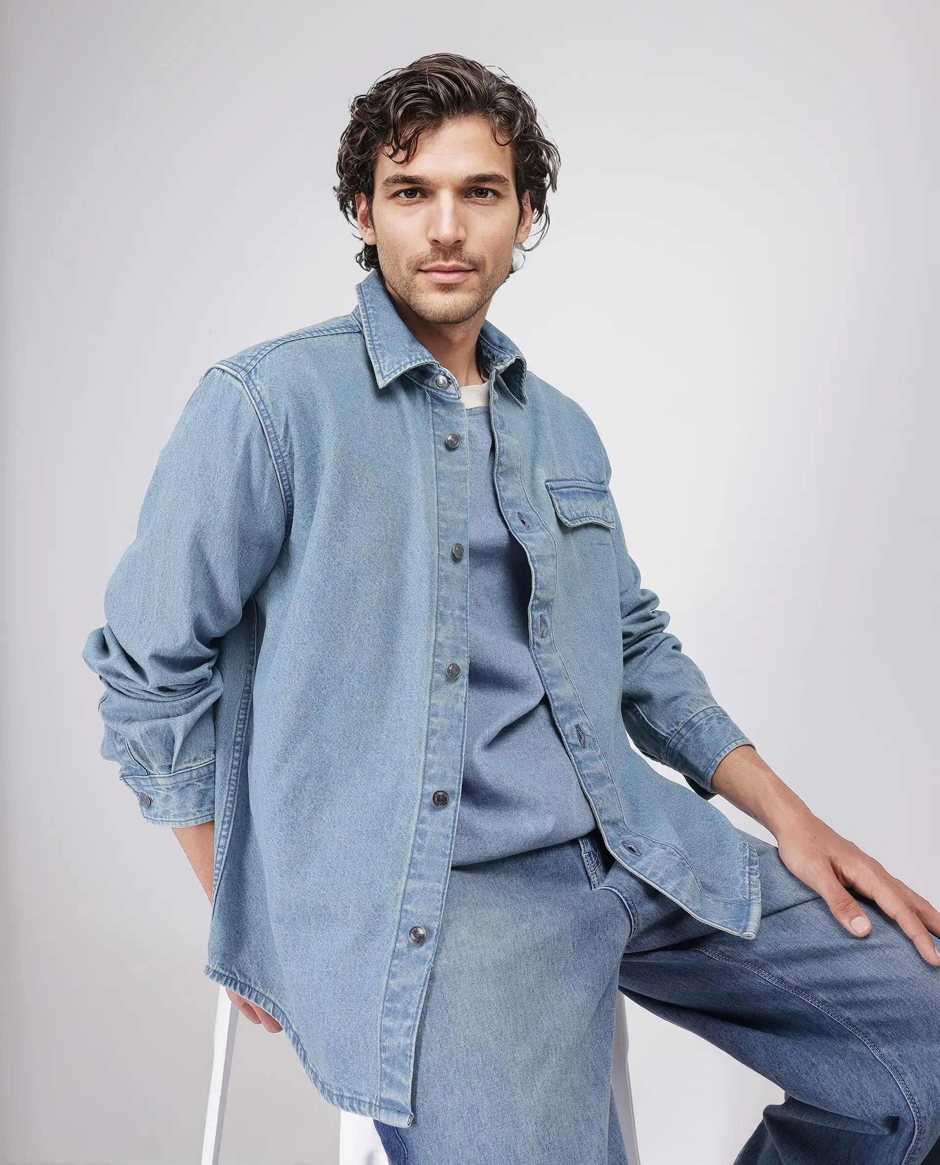 Rare Rabbit Men's Euclid Light Blue Cotton Plain Oversized Fit Full Sleeve Collared Shirt
