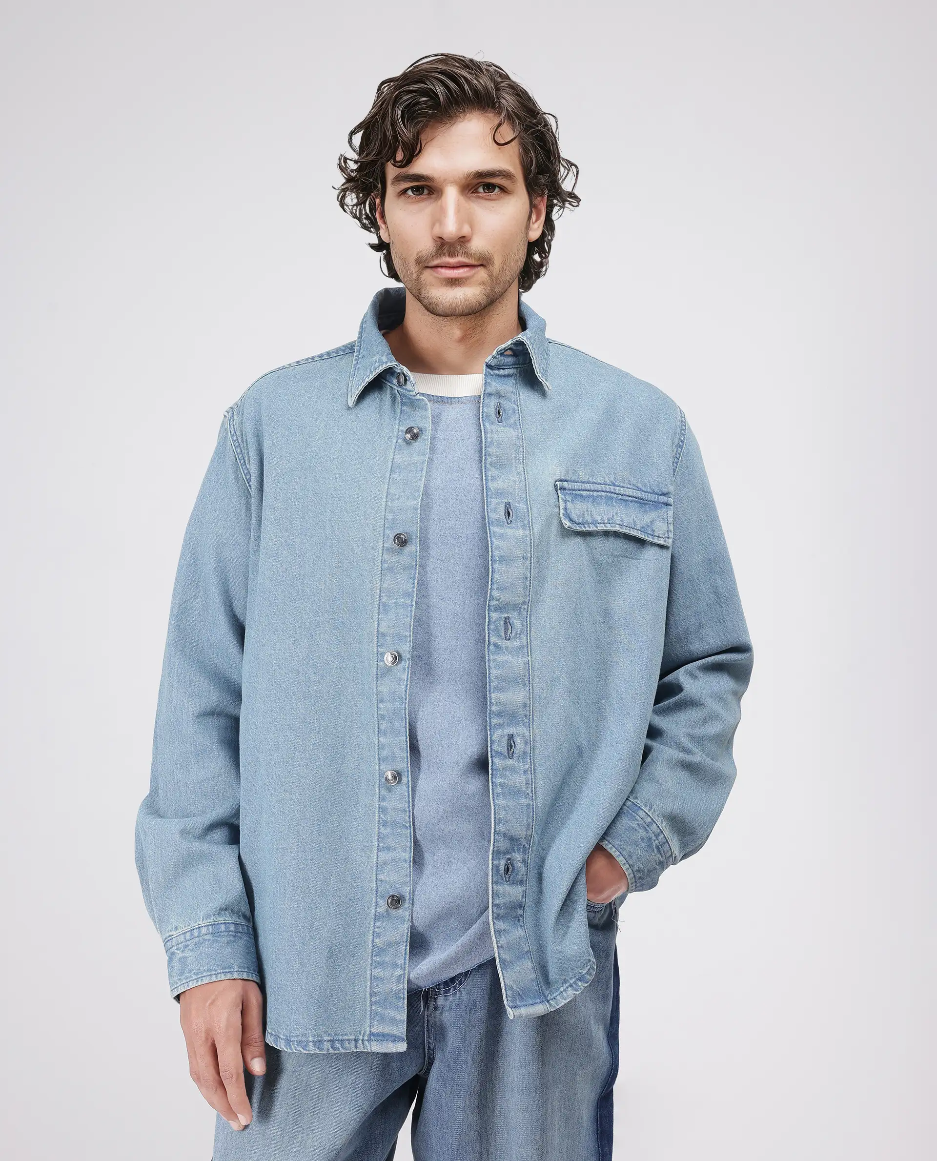 Rare Rabbit Men's Euclid Light Blue Cotton Plain Oversized Fit Full Sleeve Collared Shirt - Image 2