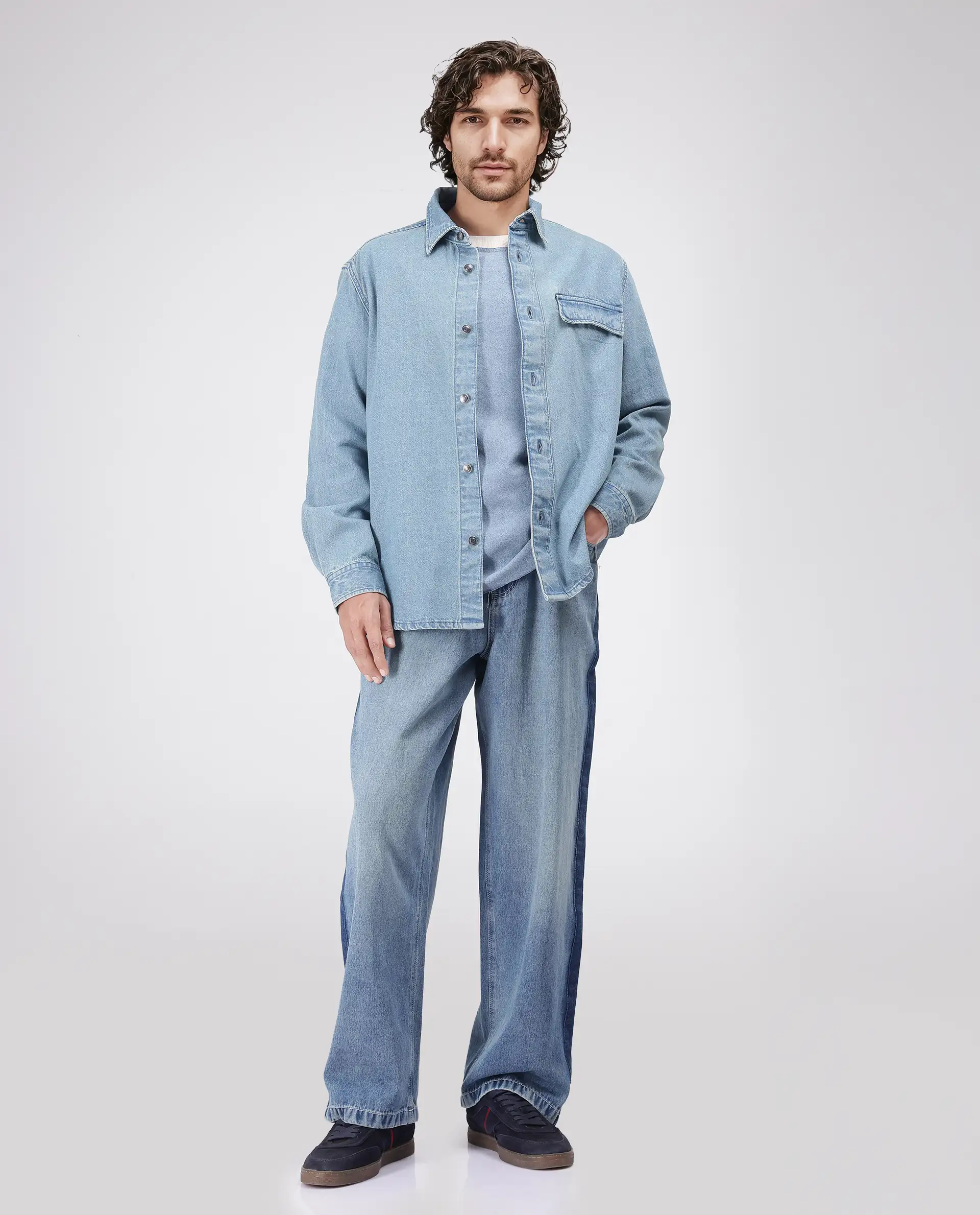 Rare Rabbit Men's Euclid Light Blue Cotton Plain Oversized Fit Full Sleeve Collared Shirt - Image 3