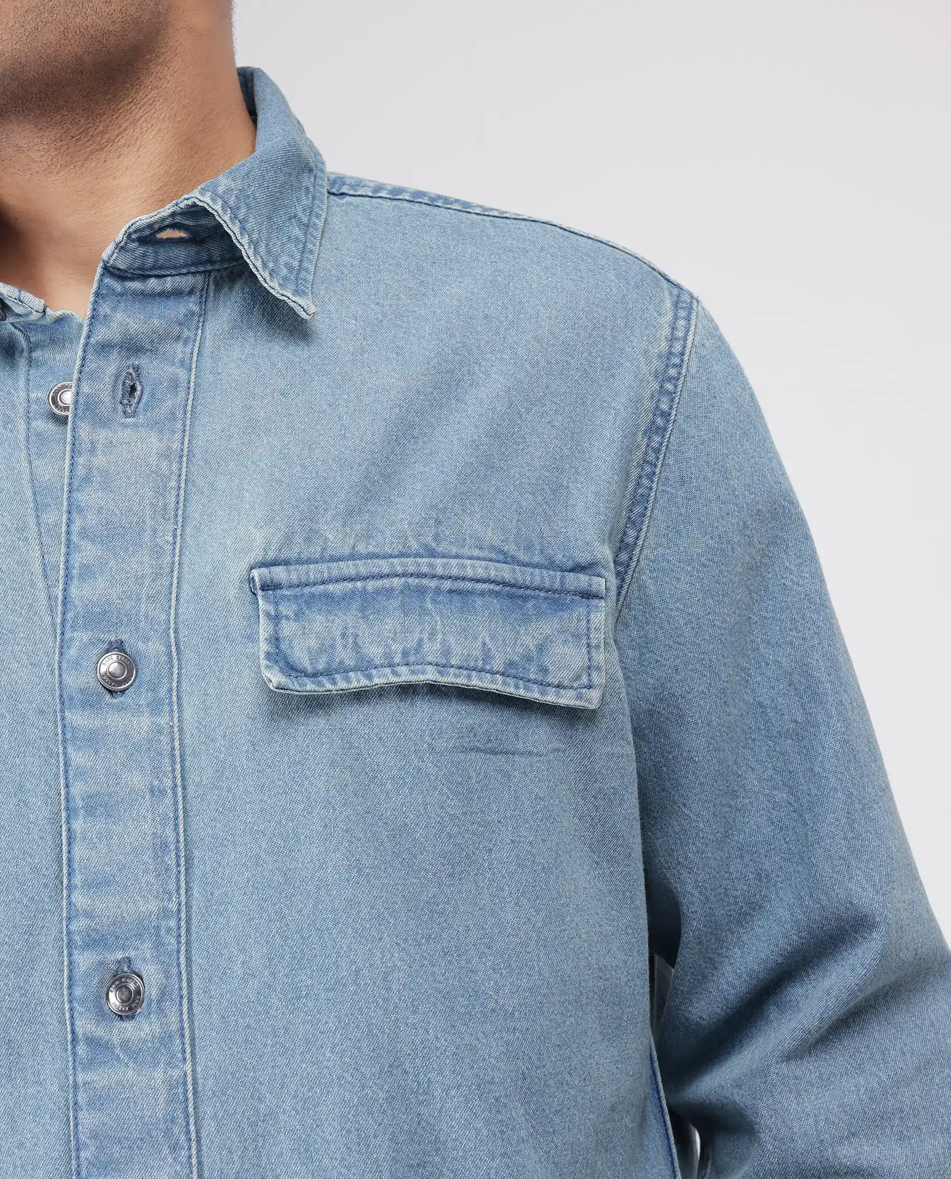 Rare Rabbit Men's Euclid Light Blue Cotton Plain Oversized Fit Full Sleeve Collared Shirt - Image 4
