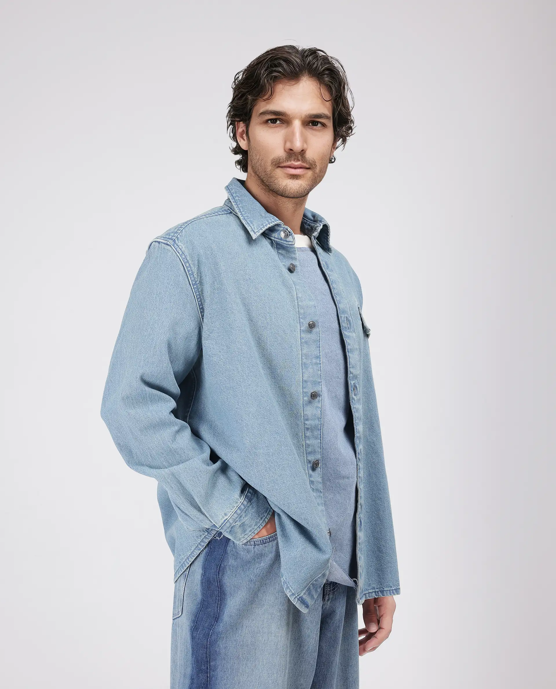 Rare Rabbit Men's Euclid Light Blue Cotton Plain Oversized Fit Full Sleeve Collared Shirt - Image 6