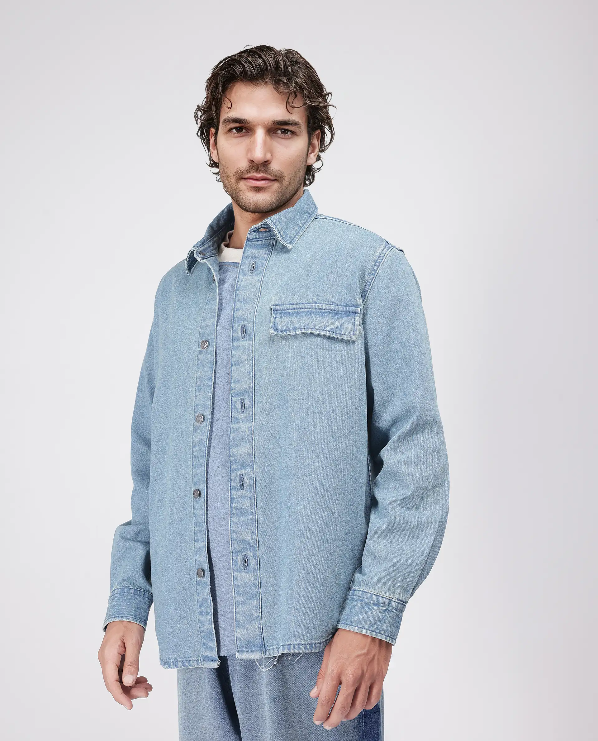 Rare Rabbit Men's Euclid Light Blue Cotton Plain Oversized Fit Full Sleeve Collared Shirt - Image 7