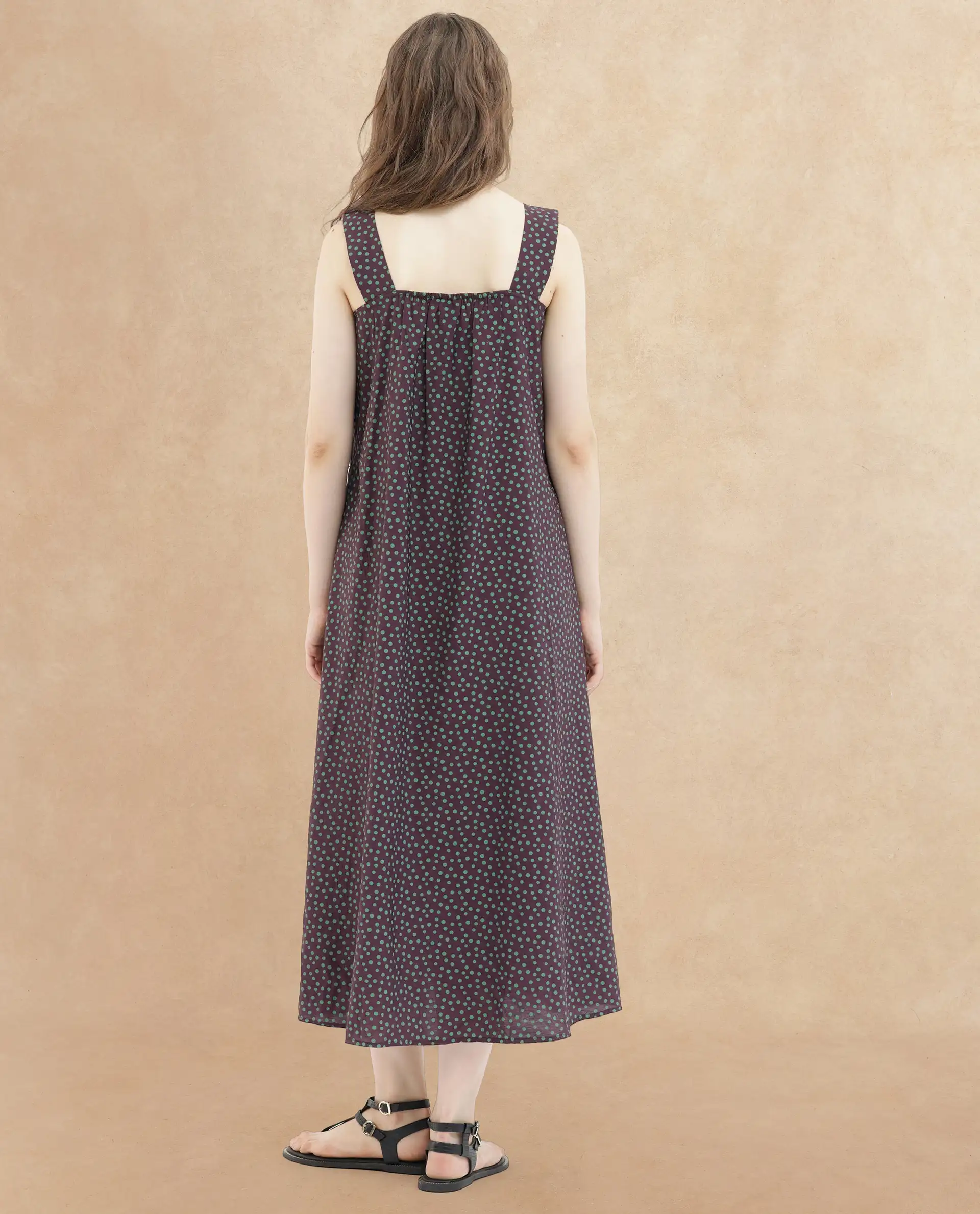 Rareism Women's Eula Brown Viscose Shoulder Strap Polka Print Shoulder Strap Midi Flared Dress - Image 10